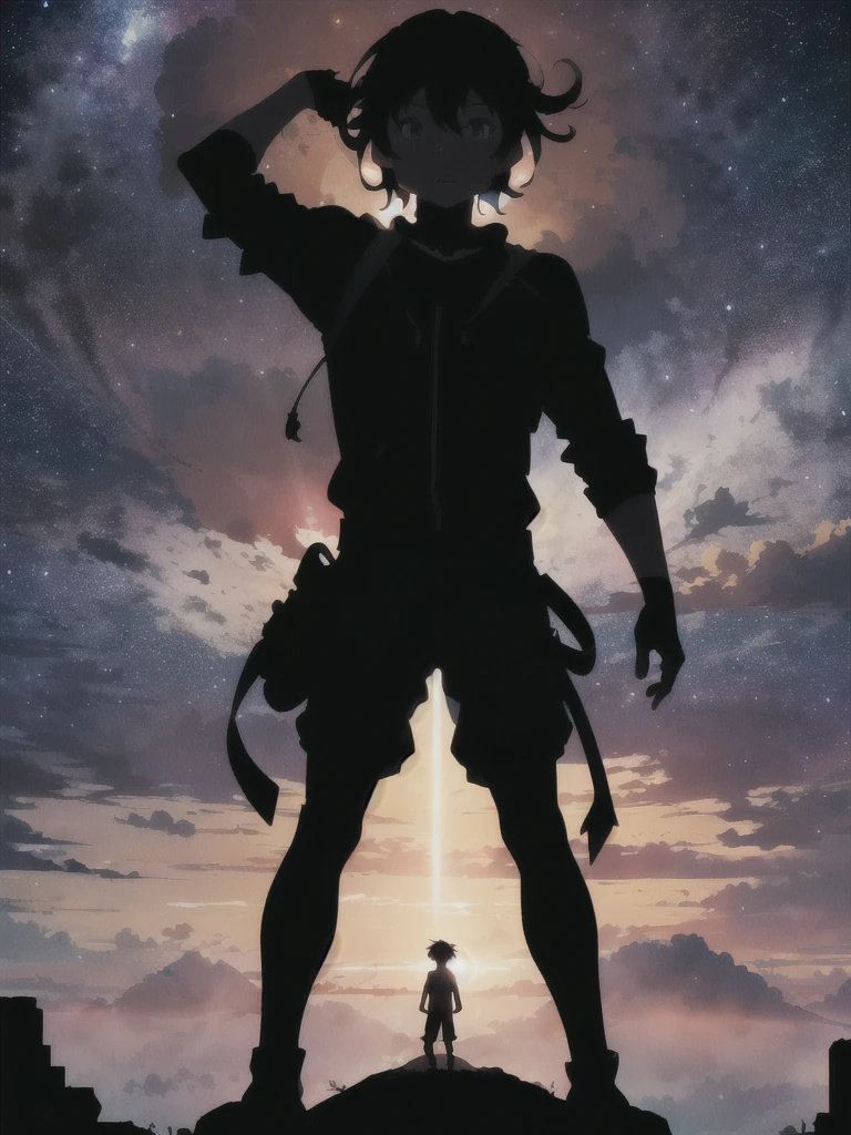 (silhouette art: 1.8), (anatomically correct), (Anime boy standing on a rock looking at the sky full of stars), (The is very detailed, Well designed, Clear lines, k hd, Best quality at best, tmasterpiece, offcial art, movie light effect, 8K)