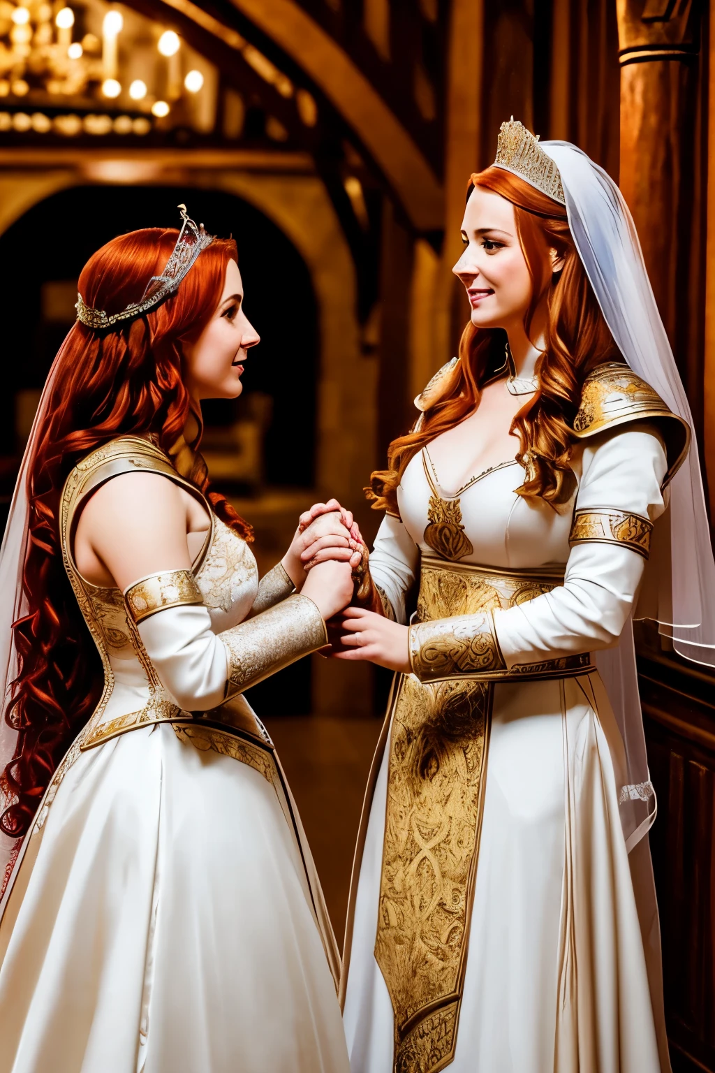 masterpiece, highest quality, two lesbian queens, wedding ceremony, exchanging vows, holding hands, redhead and blonde, medieval ceremonial armor, busty, beautiful brides, throne room