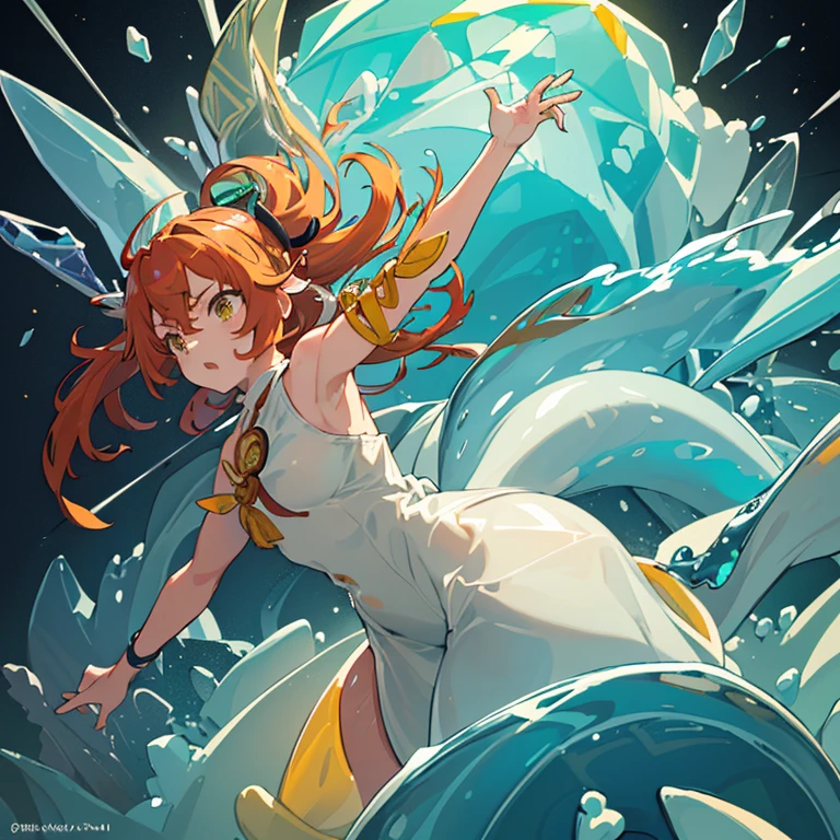 Colored cellophane girl surrounded by shark fin jelly、amazing dynamism、amazing angle、Unstable buoyancy sandstorm、((((A lot of friendly large prism agar floating and chasing each other))))、((surround each other'big shingen mochi))、(((Large color cellophane with wild twisting band)))、