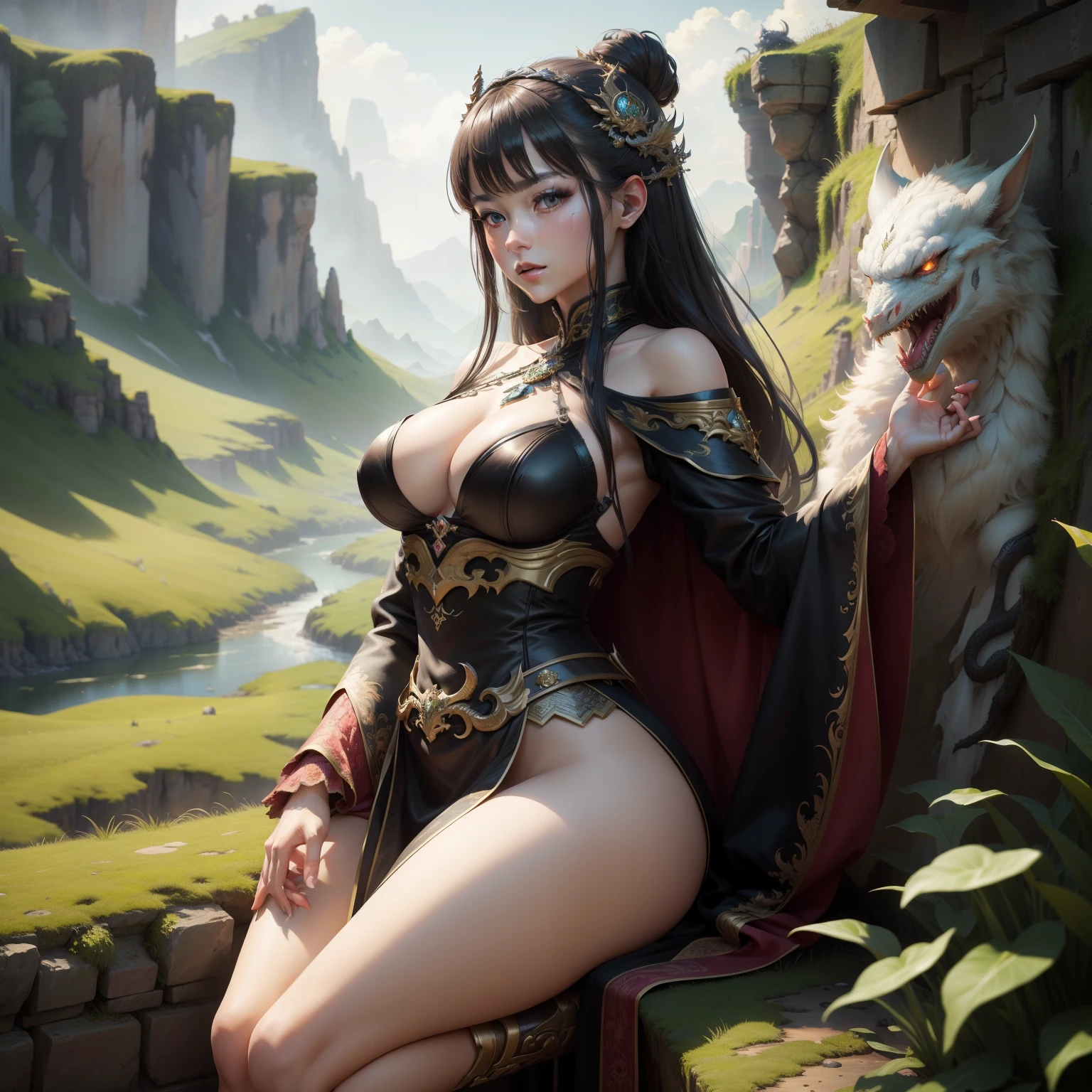 Amazing resolution、hight resolution、(masterpiece:1.4)、super detailed、vivid details、1 female、queen of dragons、grassland scenery
