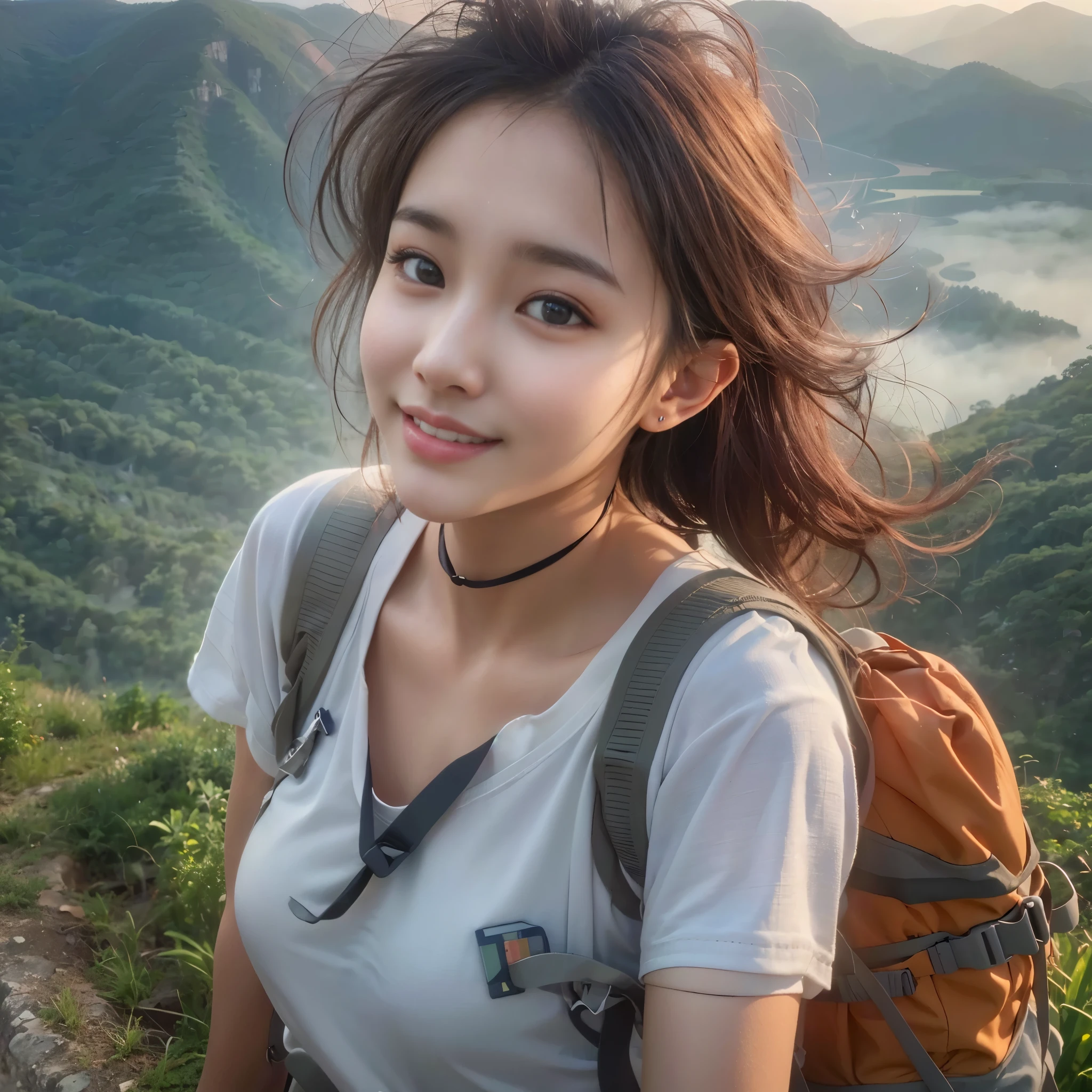 (best quality, hyper realistic photography), Magnificent mountain, sea of clouds, Woman watching sunset, selfie, ((Upper body)), white t-shirts, Trekking Shorts, trekking boots, rucksack,  (ultra-delicate face, Super Beautiful Maid, Super delicate eyes, super detailed nose, Ultra detailed mouth, Beautiful highly detailed facial features, 18year old, Smiling happily