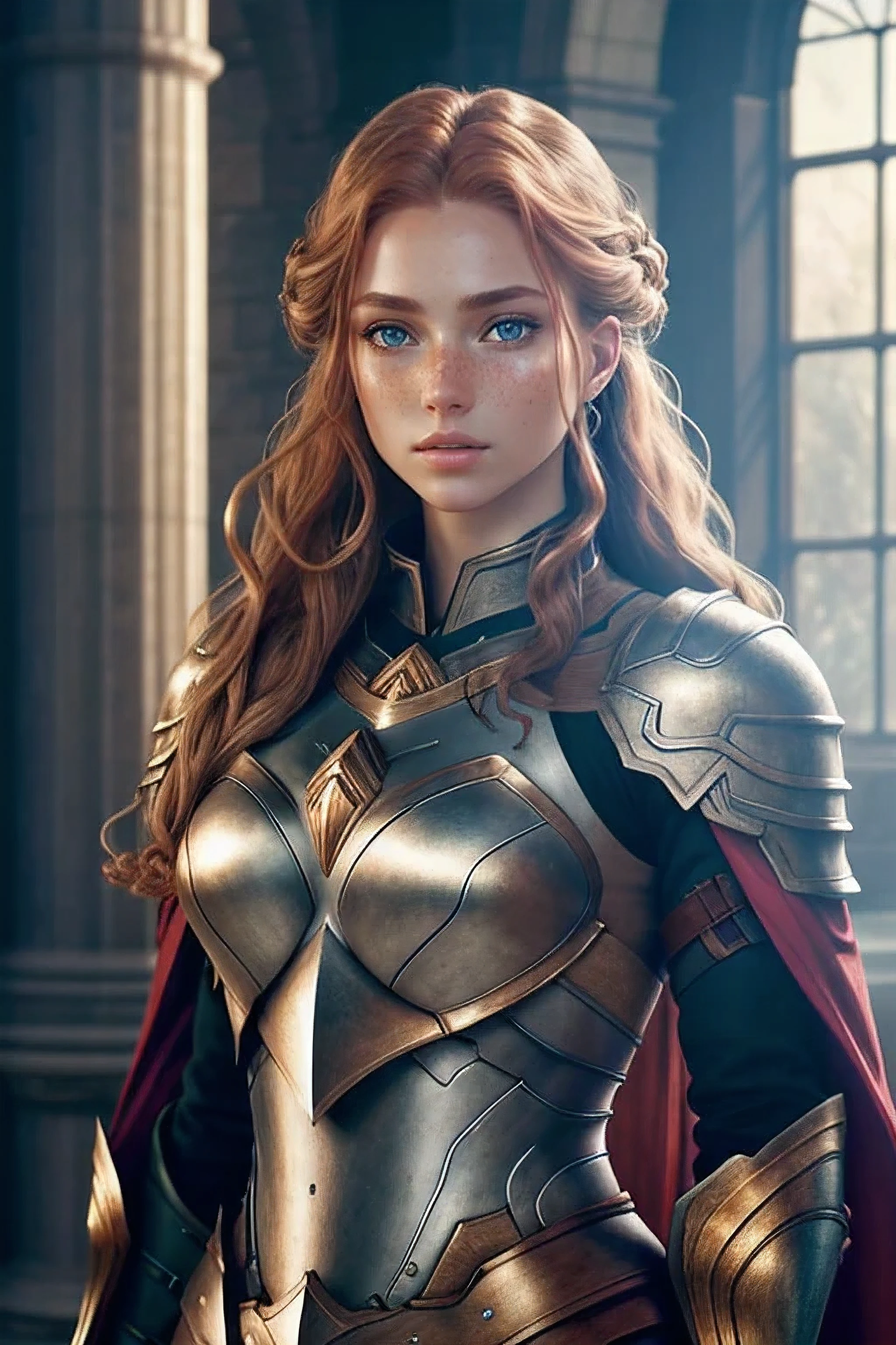 autiful female warrior, LONG GINGER hair, blue eyes and freckles, shimmering jewels armor, with emphasis on light play and the transparency of the glass, High and short depth of field, Ray tracing, FHD, hyper quality --ar 9:16 --s 1000 --v 6. 0, 135mm whimsical --aspect 3 :2 --s 750 --v 5.2. , 64k detailed digital art, hyper realistic textures, natural textures, elegant, super detailed, photo realistic, ultra realistic, intricate detail, cinematic, environment occlusion, lighting Volumetric, Shot on Sony A7S III, f/ 9.0, 1/500, Sharp Focus 64k Unsaturated, Masterpiece, Best Quality, Ultra Detailed., Dark Fantasy, Conceptual Art, Illustration, Cinema Sony A7S III, Depth of Field Shallow, 100mm f/2.4, natural light, cinematic, widescreen aspect ratio, cinematic dramatic, indoor epic space, sci-fi movie style, natural textures, hyper maximalist, sharp focus, dynamic pose. 64k is very detailed.