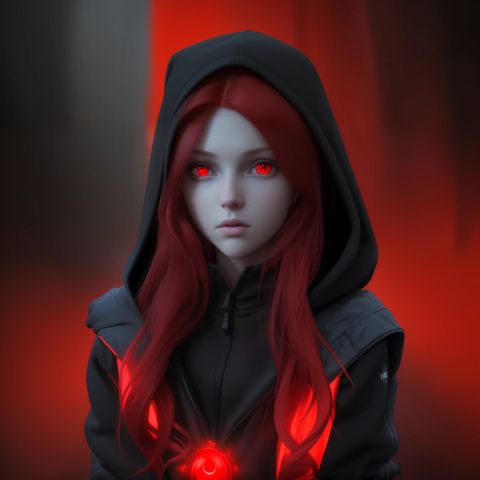 (a close-up of a person with Red hair,wearing a black hoodie,anime girl in hoodie, red eyes,3d render character art 8k,red-eyed, dark witch character),(best quality,4k,8k,highres,masterpiece:1.2),ultra-detailed,(realistic,photorealistic,photo-realistic:1.37),HDR,UHD,studio lighting,ultra-fine painting,sharp focus,physically-based rendering,extreme detail description,professional,vivid colors,bokeh,portraits,anime,dark fantasy,monochrome color palette,subtle and dramatic lighting