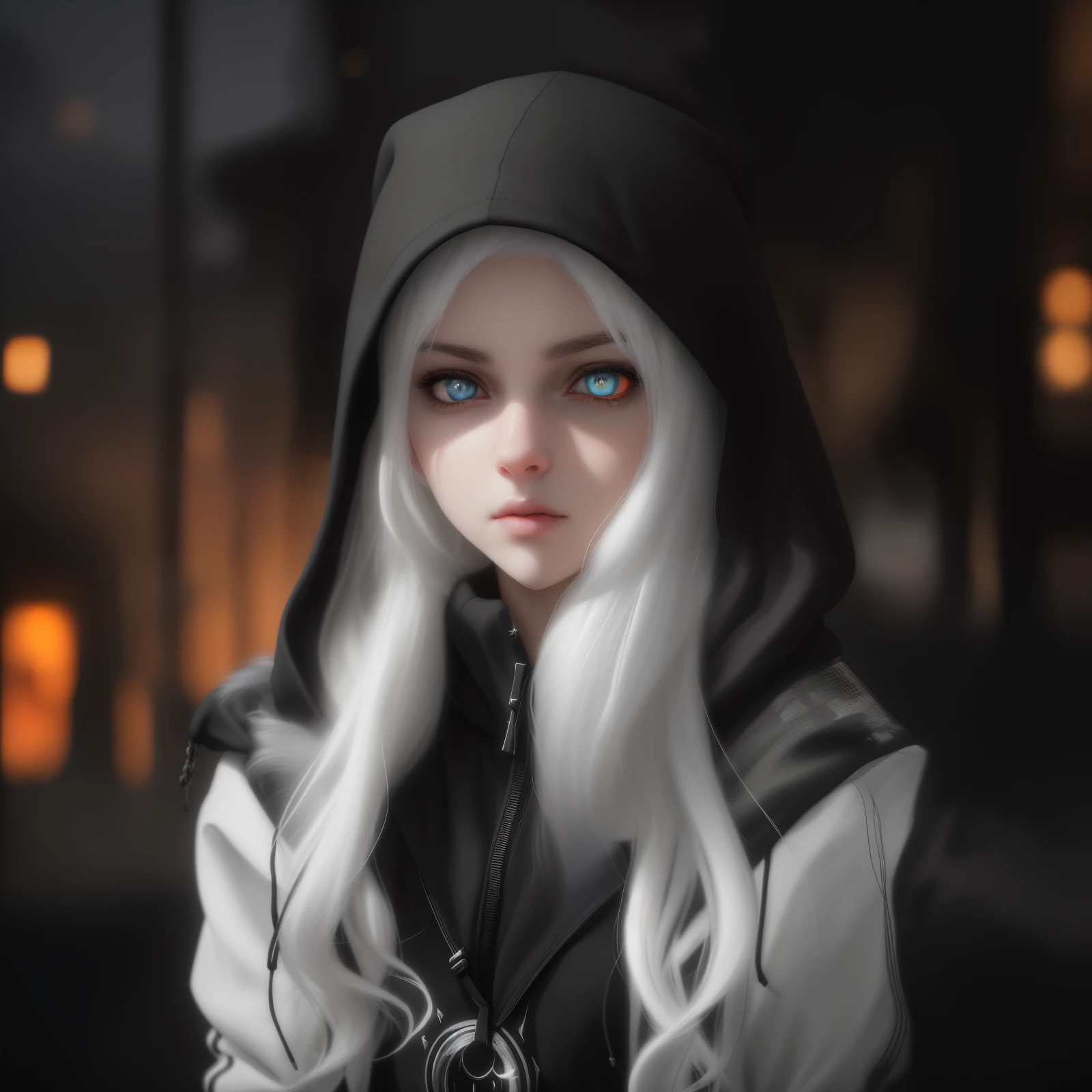 (a close-up of a person with White hair,wearing a black hoodie,anime girl in hoodie, White eyes,3d render character art 8k,White-eyed, dark witch character),(best quality,4k,8k,highres,masterpiece:1.2),ultra-detailed,(realistic,photorealistic,photo-realistic:1.37),HDR,UHD,studio lighting,ultra-fine painting,sharp focus,physically-based rendering,extreme detail description,professional,vivid colors,bokeh,portraits,anime,dark fantasy,monochrome color palette,subtle and dramatic lighting