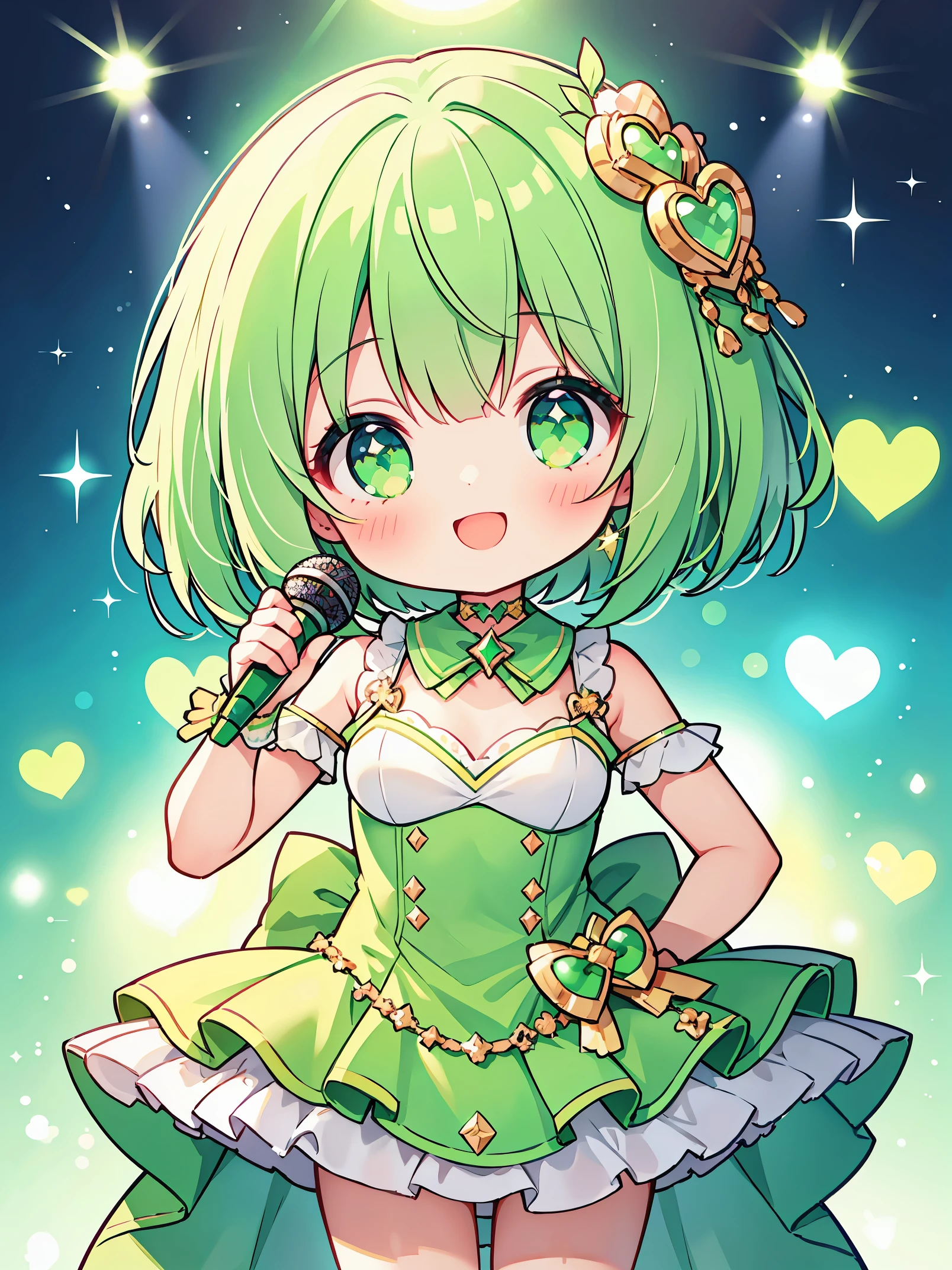 ​masterpiece, top-quality, 1girl in, short hair, , light green hair、eyes are emerald green、idol type、hold the microphone with both hands、cute lime green dress、heart-shaped sparkling eyes、a smile that charms you、spotlight light、glitter stage.