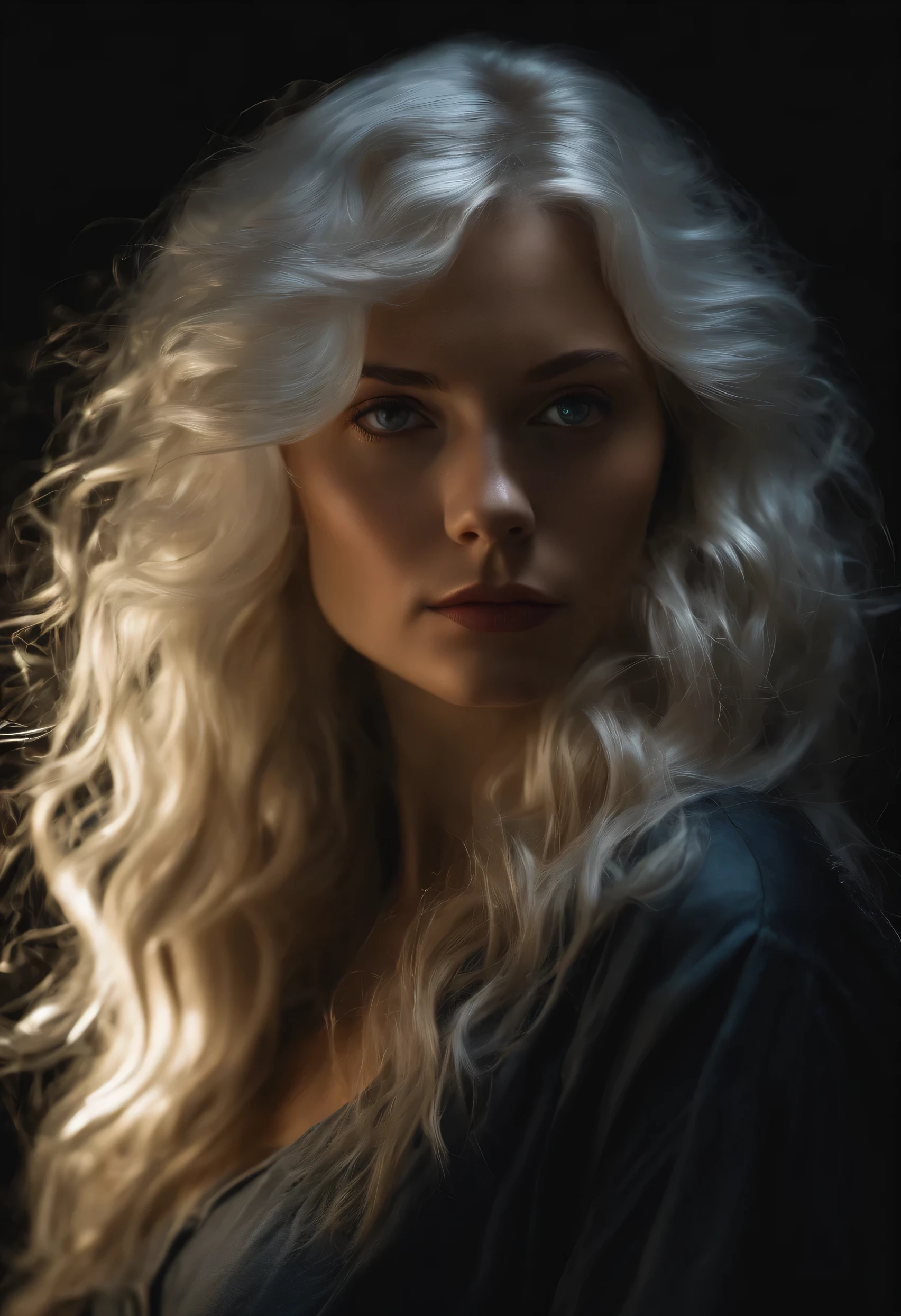 (front focus),(in the dark:1.6), Hyperrealist portrait of the female by David Hockney and Alphonse Mucha, fantasy art, photo-realistic, dynamic lighting, art station, poster, volumetric lighting, very detailed faces, 4 k, award-winning,, 1girl, in the dark, deep shadow, low key, cowboy shot,(official clothing:1.4), long hair, white hair,