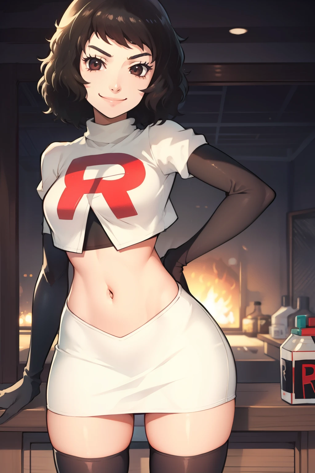 sadayokawakami,rocket,team rocket uniform, red letter R, white skirt,white crop top,black thigh-high boots,black elbow gloves, evil smile, look at viewer,