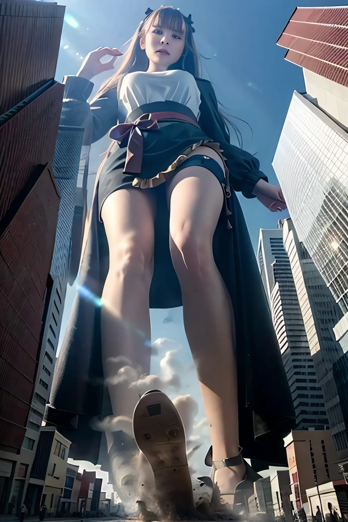 giantess art, a hyperrealistic, The woman wore an apron, Super huge woman bigger than a skyscraper. no underwear, shoes are taken off, very small metropolis, Trying to crush a miniature metropolis, Full body depiction, gts, giga giantess, giantess,  stomping city, crash city, tiny city, micro city,