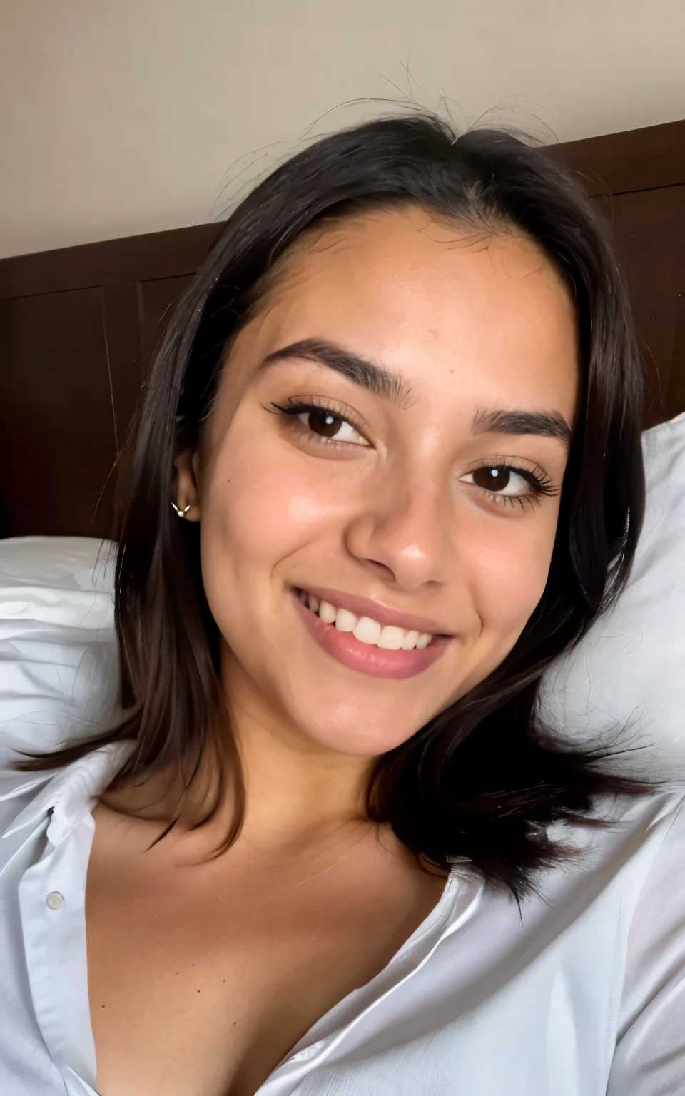 photorealistic, sharp focus, raw photo,  photo, beautiful 20 y.o latina-spanish girl, , detailed skin poreace texture, pores, (goosebumbs:0.7), photorealistic, beautiful 20 y.o latina-spanish girl, in bed selfie, wearing white shirt, smiling towards the camera, nice body, looking at camera, angle taken from lifted right hand on an iphone 14 camera, messy hair in bed
