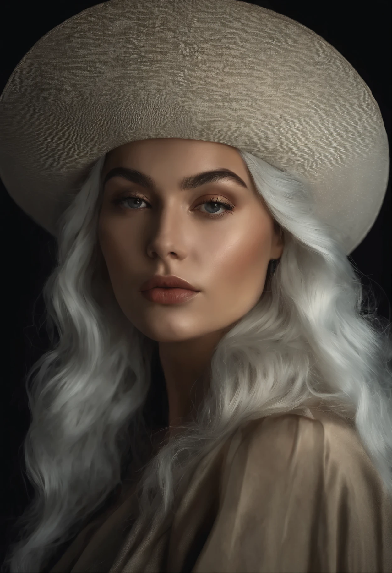 (front focus),(in the dark:1.6), Hyperrealist portrait of the female by David Hockney and Alphonse Mucha, fantasy art, photo-realistic, dynamic lighting, art station, poster, volumetric lighting, very detailed faces, 4 k, award-winning,, 1girl, in the dark, deep shadow, low key, cowboy shot,(official clothing:1.4), long hair, white hair,