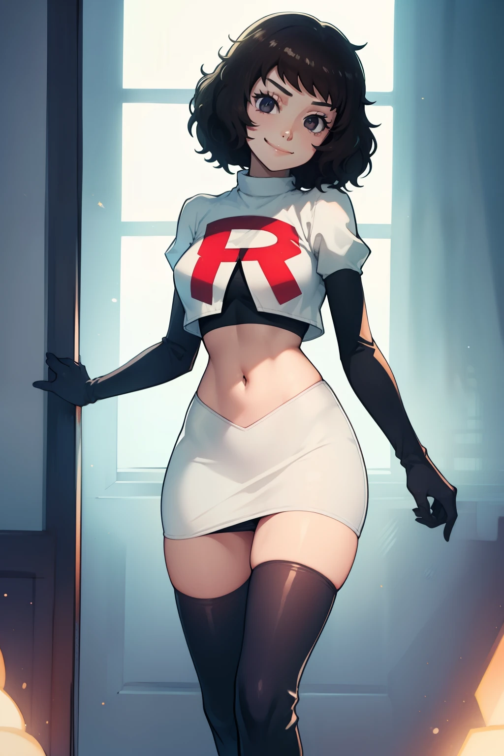 sadayokawakami,rocket,team rocket uniform, red letter R, white skirt,white crop top,black thigh-high boots,black elbow gloves, evil smile, look at viewer,