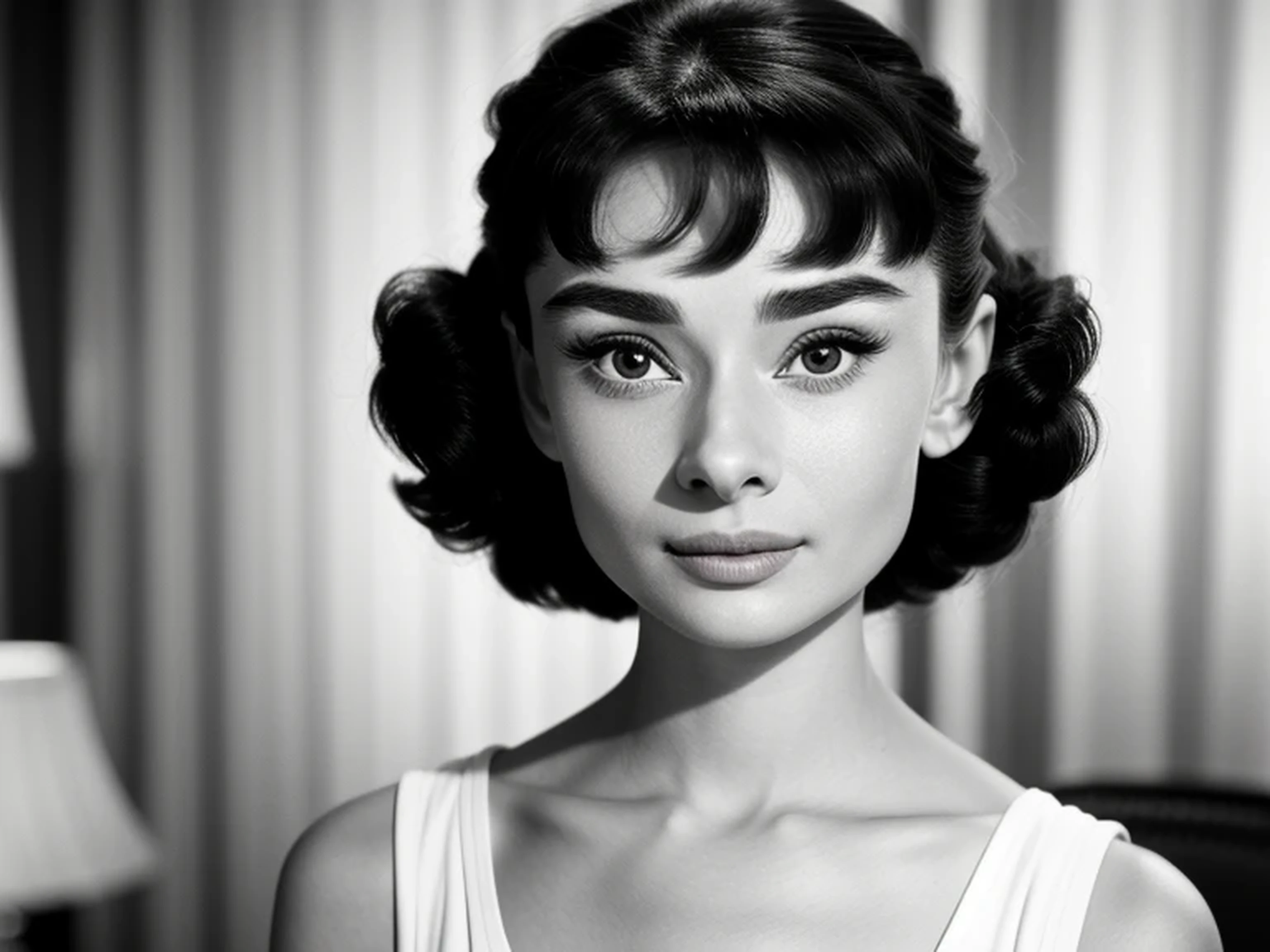 ((black and white filter)), AudreyHepburn, focus on eyes, close up on face, short black hair styled cascading curls bun, portrait photo of a beautiful young actress: (AudreyHepburn is in the black and white Roman Holiday movie film (1953)), hotel room, Award - winning photograph, Masterpiece, 8k, ultra high res, hyper detailed, perfect flawless face, rule of thirds, Realistic Perfect eyes and pupils, Perfect full lips, upturned nose, highly detailed shining hair, ((detailed facial featureinely detailed skin), tanned skin, (skin pores:0,2), realistic skin texture, intricate details, photorealism, hyperrealism, ultra realistic, lifelike textures, neutral colors, cinematic lighting, dramatic lighting, backlight on hair, sharp focus, wide angle, film grain, dslr, raw photo,