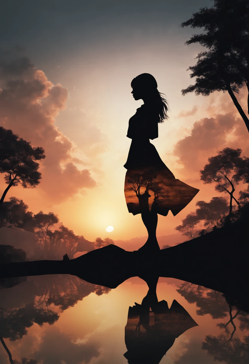 Silhouette Art of 1girl, multiple exposure, sunset, enhance, intricate, (best quality, masterpiece, Representative work, official art, Professional, unity 8k wallpaper:1.3)