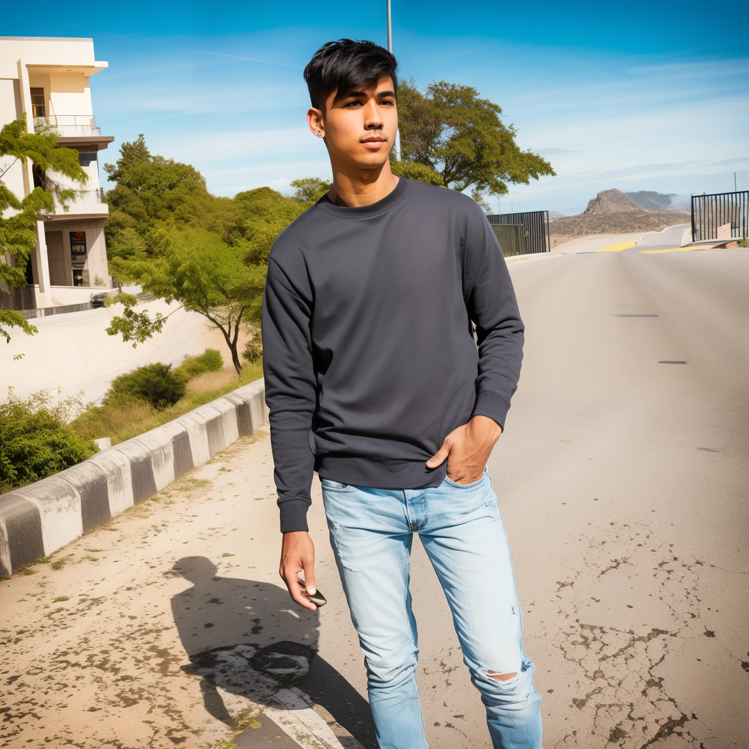 there is a man standing on the side of the road with his skateboard, full body photogenic shot, full body picture, casual photography, standing in road, casual pose, with a cool pose, attractive pose, cool pose, very artistic pose, stylish pose, taken with sony alpha 9, candid picture, full body in camera, photograpgy, in sunny weather