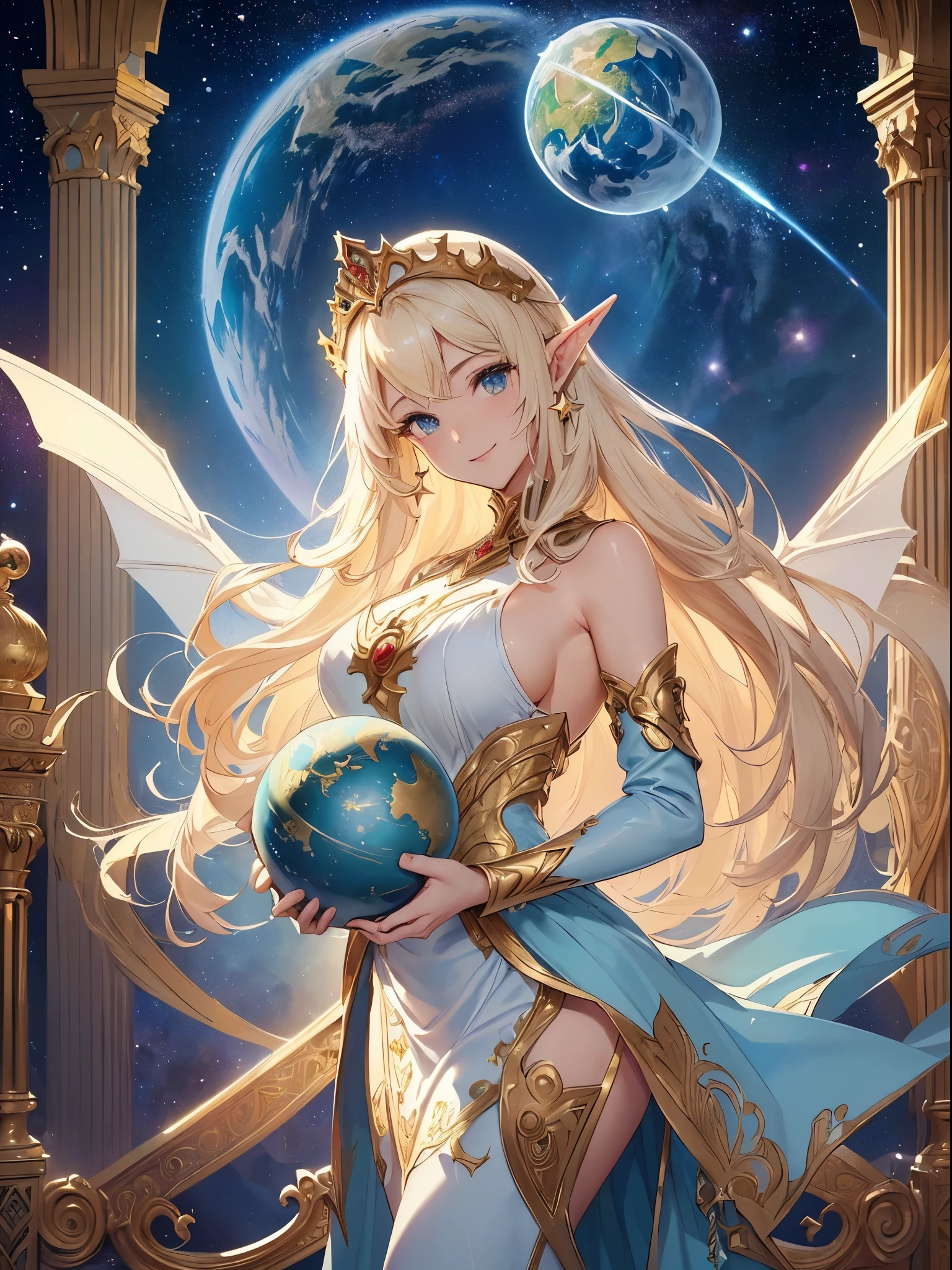 top-quality、Top image quality、​masterpiece、Super beautiful elf beauty((22 years old OL big bust、Bust 90,beautiful long ironed hair、a blond、globe、、slender、Close-up、Esbian、beautiful tiara、High quality、beautiful art、Background with((starrysky)))masutepiece、visual art、Depth of the bounds written、low angle of morning sky、、Elven ears、、light magic、Space Knight、harp melody🎵、Happy smile、Gentle light、、Beautiful legs that are gentle on the skin、、、Number of fingers to achieve precise finger movements、ticker beautiful decorative dress、elegant、Mystical　Rosa、　Heaven、Marble pillars, beautiful dressy、magnificent marble dome、Huge galaxy、religious painting、holding the earth、Temple of Time、Great watch、hour glass、sundial、moment of creation！myth、alphonse mucha art、art noveau、byzantine art、folding screen picture、gold foil、Raphael's paintings、Renaissance art、Giant White Dragon、The dragon