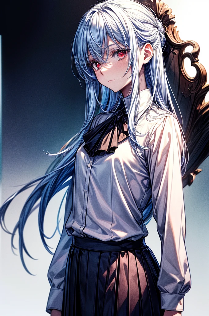((masterpiece)) best quality, 8k, high quality, high resolution, super detailed, ultra-detailed, photorealistic, beautiful and finely detailed face and eyes, ultra-detailed and detailed skin texture, masterpiece, best quality shadows, clean lines, realistic looks, best generation, smooth color transitions,life-like portrayal, young woman with Silver-white hair, red eyes, with a formal blouse or shirt, crafted in hues of blue and white, grey blazer, white and blue skirt, blood Red eyes, beautiful straight white hair, human, straight hair, not embarrassed, cold look, full body, female human, red eyes, white hair, straight hair, Academy uniform, school setting, tassel embroidered blouse 