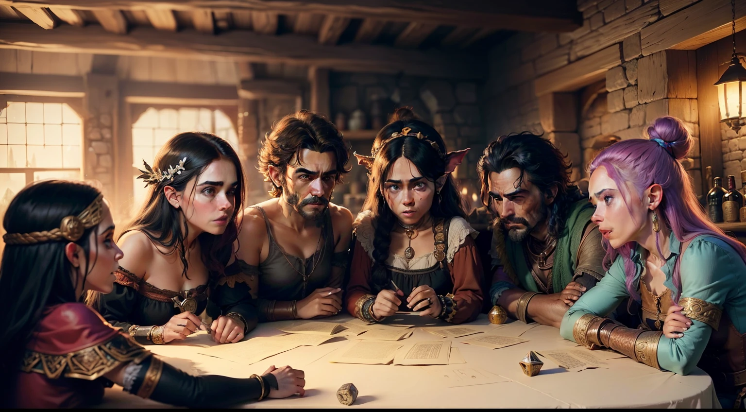 (((Un grupo de amigos jugando D&D))). ((RPG de mesa). (Estilo de libro D&D). (D&#39;s epic characters&D). (D&D). (Epic Tavern Background). personaje antropomorfico, mujer  con orejas de gato, guerrera de pelo rojo, elfo, caras hermosas, caras con detalle, foto realismo.
