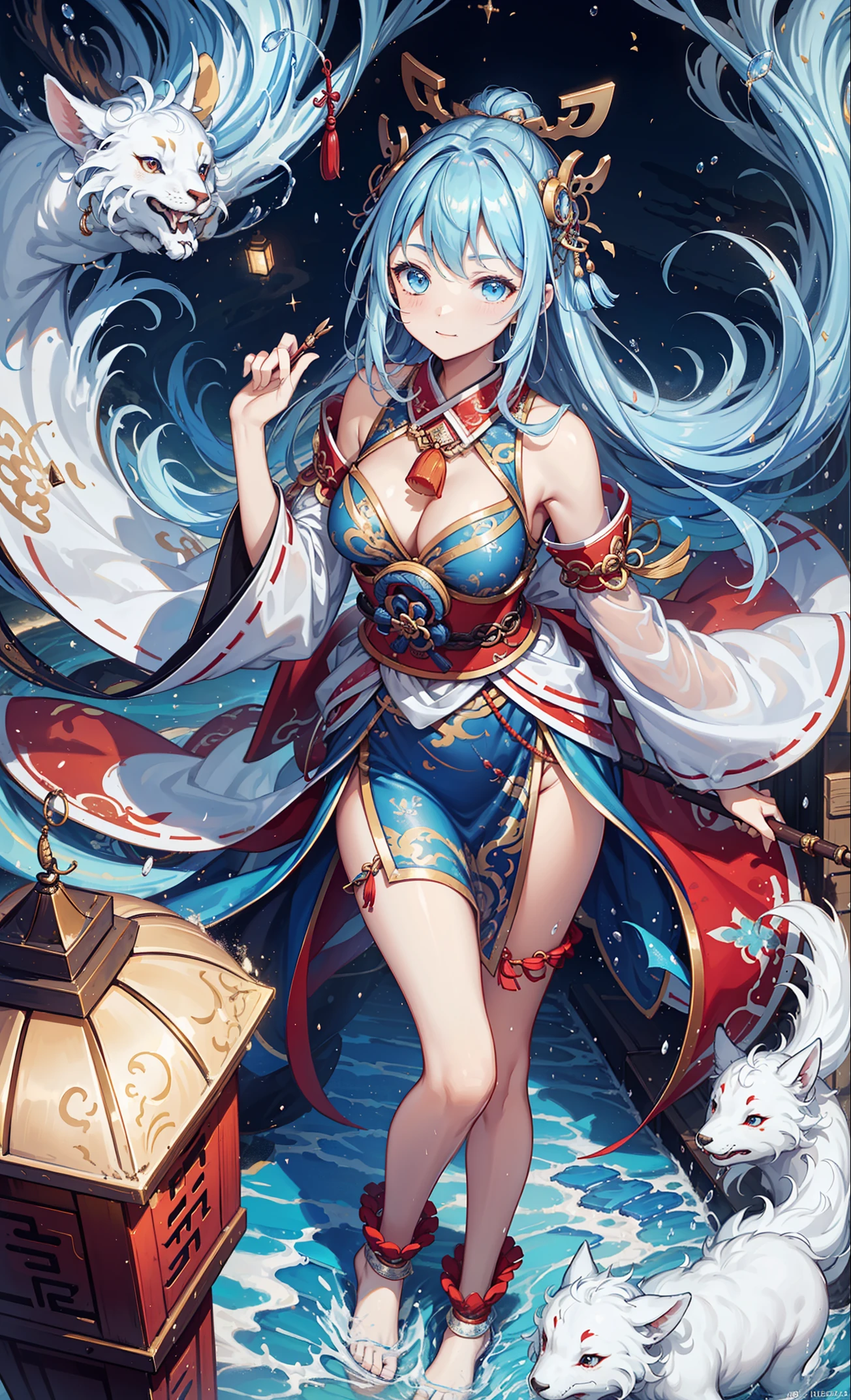 natta，themoon，game scenes，Ancient Chinese palaces are located above the clouds，Surrounded by clouds，Teenage girl，having fun，glazed tiles，lanterns，sheer transparent clothes，glyptic，((Color ink)),( (Splash ink ) ), ((Splash ink) ink})), tmasterpiece，high high quality，Beautiful graphics，high detal