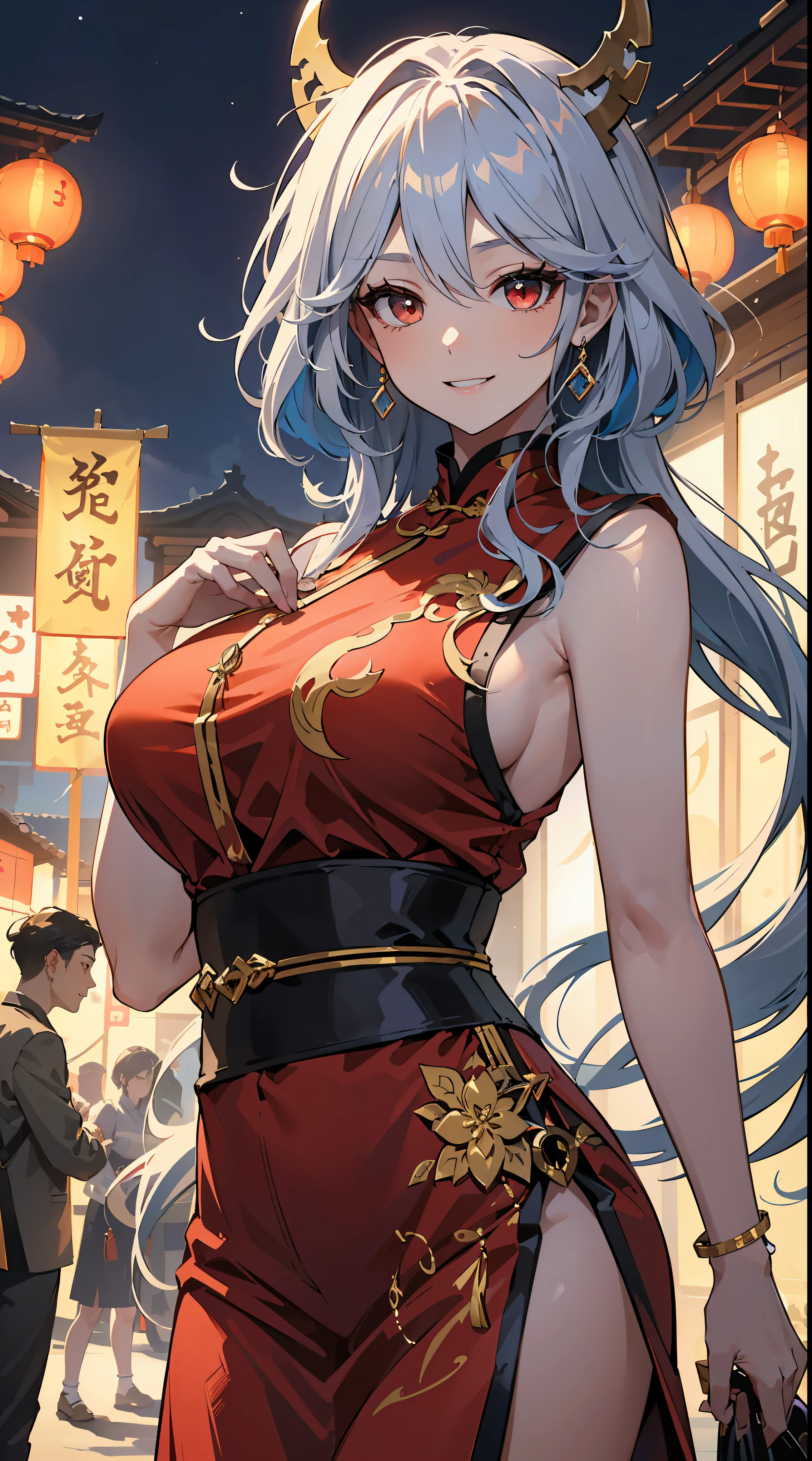 Roro Jonggrang is a legendary figure from Japanese folklore who is renowned for her exceptional beauty, alluring face and cute look. According to tradition, she is said to have possessed a multicolored hair, long red hair, and enchanting red eyes. She is always wearing chinese traditional dress, which is wearing chinese long dress with dragon pattern, jewelry, gems, accessories, ornaments and wraps around her body perfectly. Roro Jonggrang's appearance is often likened to that of a goddess, with delicate features and a regal presence that immediately commands respect. Her beauty is celebrated across Indonesia and has inspired countless works of art throughout the centuries. 1 girl, solo, solo focus, focus, absurdres, high-res, ultra-detailed, red hair, front view, from front, solo, long ponytail, huge breasts, hair ornaments, accessories, embarrassing, blushing, smiling, lunar, new year background, lunar new year background, lantern, night market background, expert shading, extreme light effects, bloom, glare, fireworks