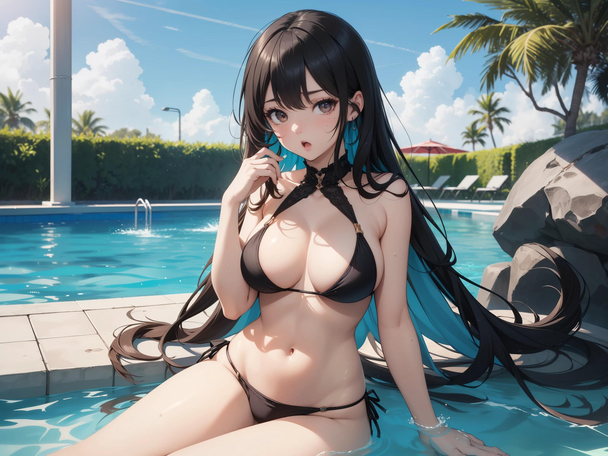 best quality, woman, solo, 18 years old, masterpiece, 8k, detailed skin texture, ((beautiful detailed face)), intricate details, (black hair), (half body), detailed brown eyes, neat girl, ((black bikini)), (madium breasts), cleavage, swimming pool, (dynamic angle), natural light, ((:o)), ((raised eyebrows))
