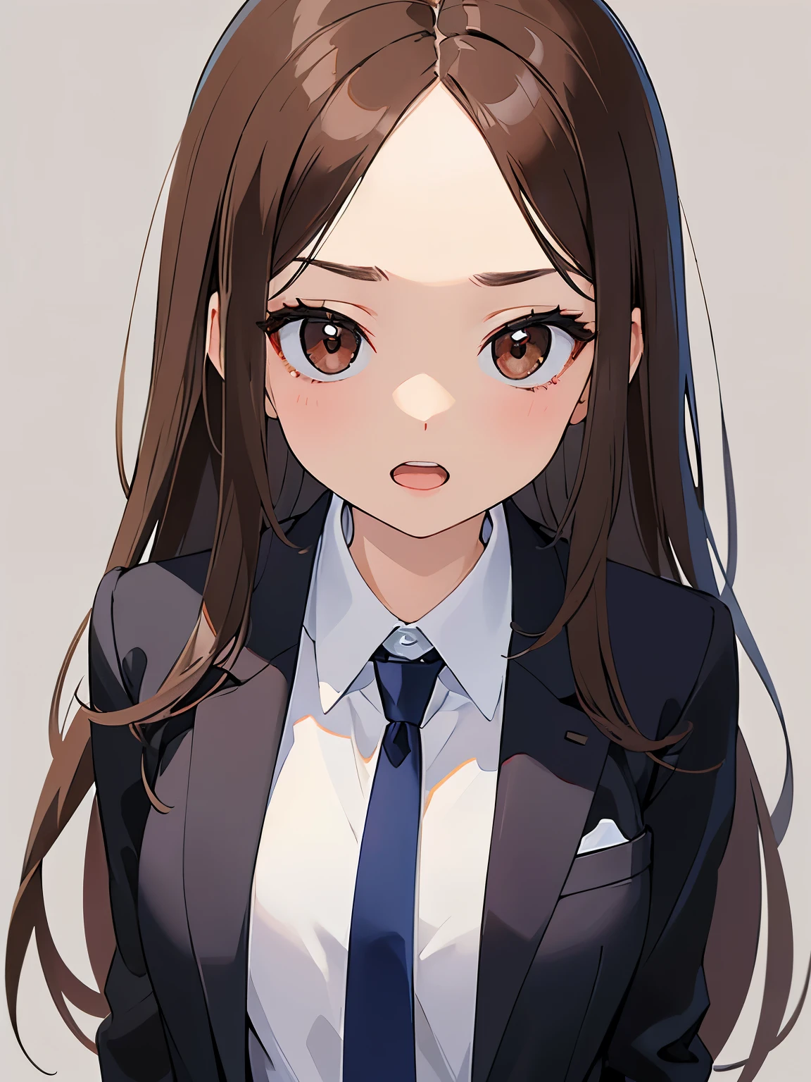 ​masterpiece、top-quality、 forehead, A 25-year-old woman with medium long hair and brown eyes with bright chestnut bangs.、wearing a gray suit、wearing gray pants、Serious look、open mouth, is standing、The background is office、Bold composition、Upper body is shown、Alone、Close-up of your face