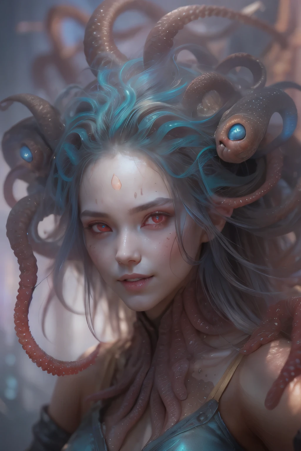 Portrait, (beautiful female alien:1.2), (she has red eyes with no pupils:1.8), (Translucent skin:1.7), (There is a female genital-like organ in the middle of the forehead:1.9), (The most beautiful face in the history of the universe:1.2),an evil gaze that seduces, (large mouth:1.1), (sharp teeth like a vampire:1.2), Full body like, (bio luminescent:1.5), (Smile wickedly:1.3), (sexypose:1.5), alien, No humans, cells are fused, (Lots of translucent tentacles:1.3) extraterrestrial, cell, bio image, Best Quality, 8K,4K_quality, High Definition, Dramatic Lighting, masutepiece:1.5,cinematic quality, detail up, (Intricate details:1.2), High resolution, High Definition, drawing faithfully, (Thick eyebrows:1.2), Beautiful eyes with fine symmetry,(Highly detailed face and eyes:1.2), Intimate face, (Super detailed skin quality feeling:1.4), Perfect Anatomy, (Beautiful toned body:1.5), (Moist skin:1.2), No makeup, (dark circles:1.1), long canines, cinematic drawing of characters, ultra high quality model, cinematic quality, detail up, (Intricate details:1.2), High resolution, High Definition, drawing faithfully, Official art, Unity 8K wall , 8K Portrait, Best Quality, Very High resolution, ultra detailed artistic photography, midnight aura, unreal engine 5, Ultra Sharp Focus, art by alberto seveso, ArtGerm, Roisch, intricate artwork, best quality, masutepiece, ultra High resolution, (photos realistic:1.4), Ultra-realistic realism, dream-like, nautilus, Creation of fantasy, Snail, Dream Snail, (biopunk nautilus:1.3), Thrilling color schemes, Ultra-realistic realism, seductively smiling, Blue tentacles,