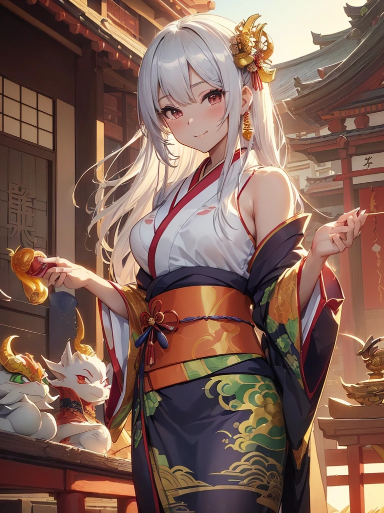 top-quality、Top image quality、Dagashi Teru Piece、Super beautiful Japanese beauty((24-years-old、Japan kimono、vest bust、big bast、Bust 90,beautiful long ironed hair、silver hair、white hair、Kanzashi、slender、Close-up、Esbian、Beautiful Japan hair、Kanzashi、High quality、beautiful art、morning、Superb Piece、visual art、Depth of the bounds written、Low - Angle、devil of light、Happy smile、Gentle light、、Beautiful legs that are gentle on the skin、、、Number of fingers to achieve precise finger movements、ティッカーBeautiful decoration、elegant、Mystical、Beautiful decoration,Japan Kimono 1.3,、japanese art on behance、shenronの模様、shenronの装飾、Dragon Decoration、、ink and watercolor painting、screen、gold foil、神shenron、New Year、Happy New Year⛩、sunrises、morningの瞬間、cute shenron、shenron、formal clothes、handheld mini dragon 朝のsunrises、Visiting the shrine、is standing、Mare、Fuji Mountain
