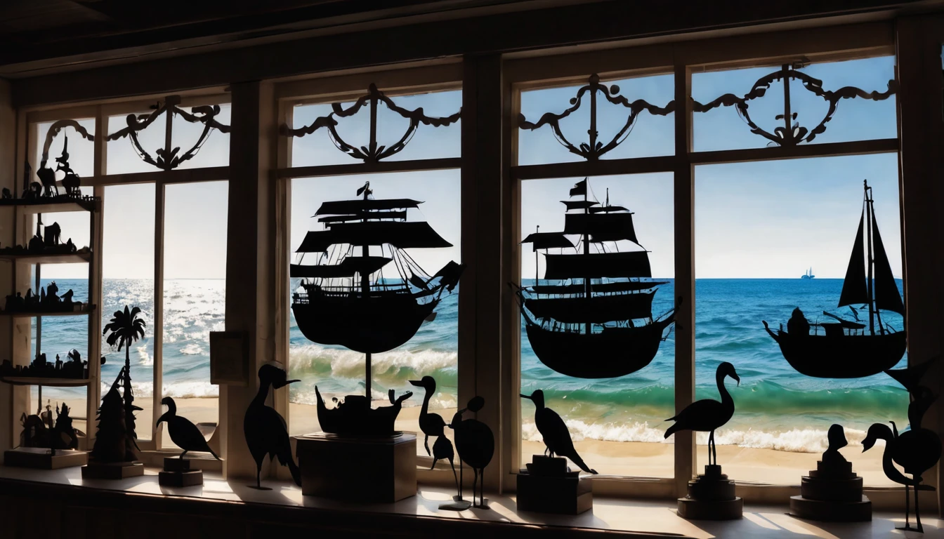 (silhouette art:1.3), masterpiece, best quality, ultra-detailed, photorealistic, souvenir shop by the sea, landscape