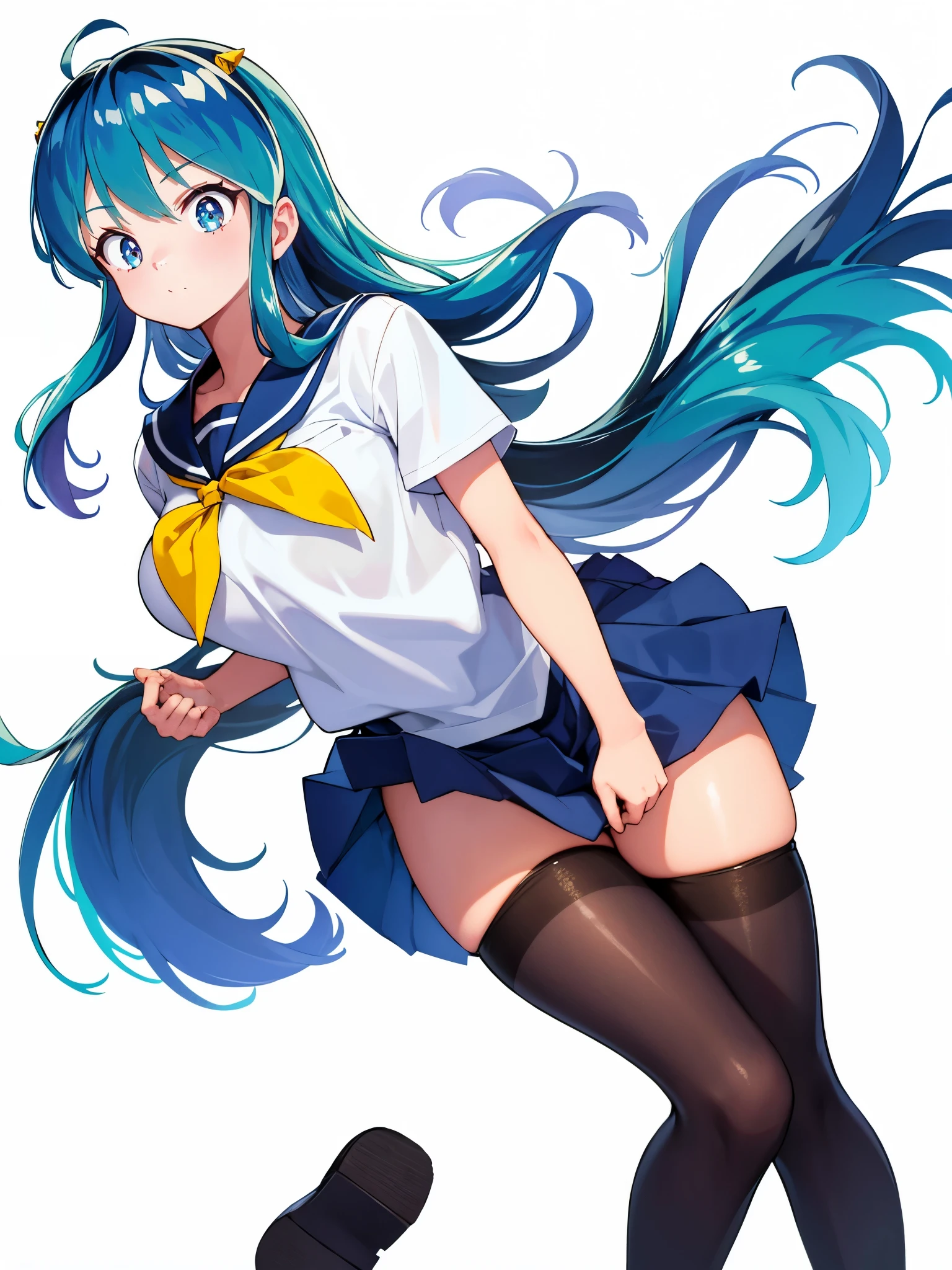 (1girl in),(high quality), (hight resolution), (Highly detailed), (in 8K),(lower body shot),Ram from Urusei Yatsura is wearing a transparent school uniform and a navy pleated skirt.),(Wearing black pantyhose)No shoes,perfect writing,(Beautifully erect nipple shape:1.1),hight resolutionの美しい目,(Neutral white lighting:1.2),simple background,