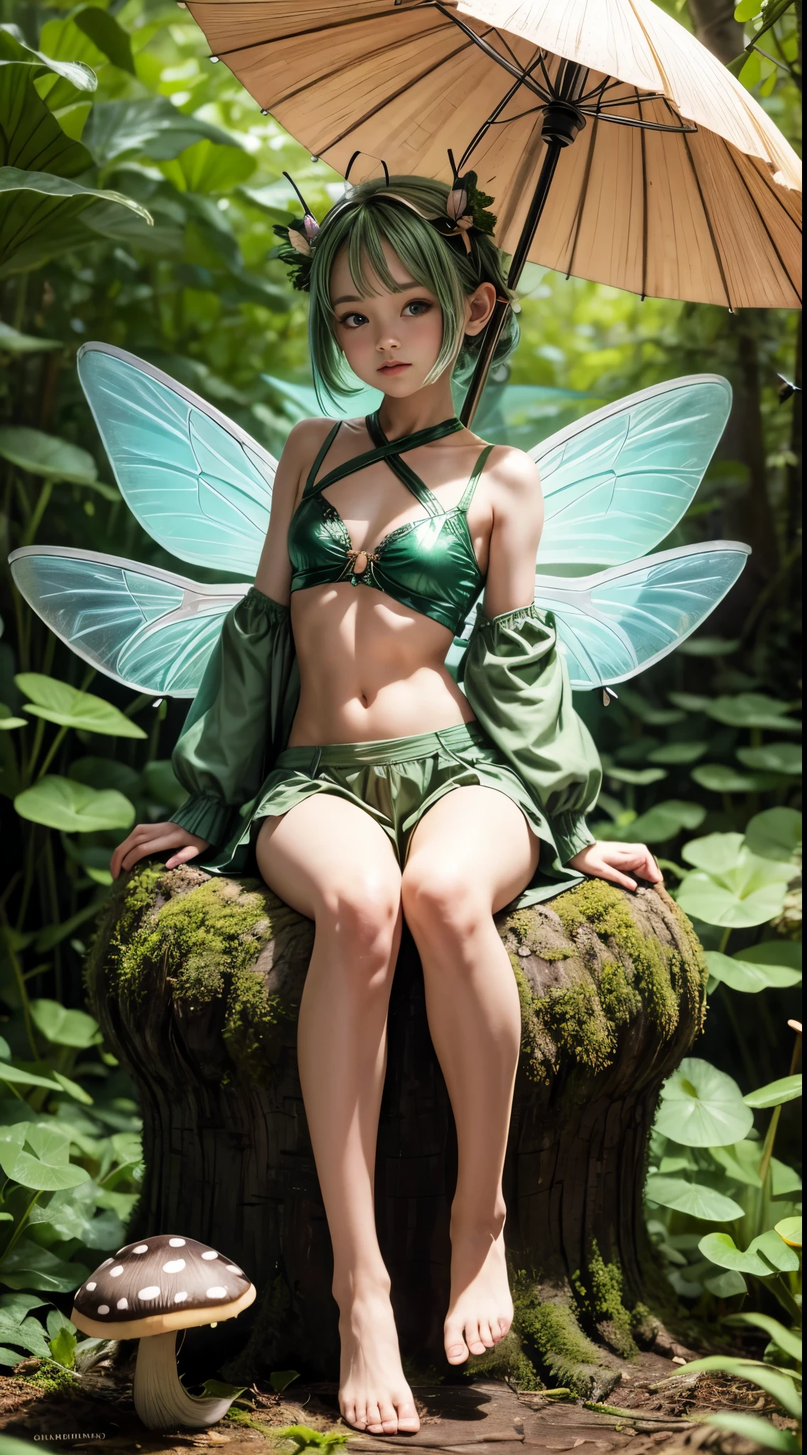 Tiny fairy with ((Insect wings)) that looks Verry Cute, sitting on Mushroom ,green under clothes, bare midriff, Holding Big Leave as Umbrella