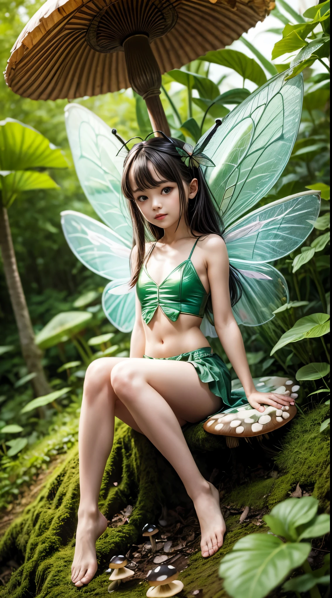 Tiny fairy with ((Insect wings)) that looks Verry Cute, sitting on Mushroom ,green under clothes, bare midriff, Holding Big Leave as Umbrella