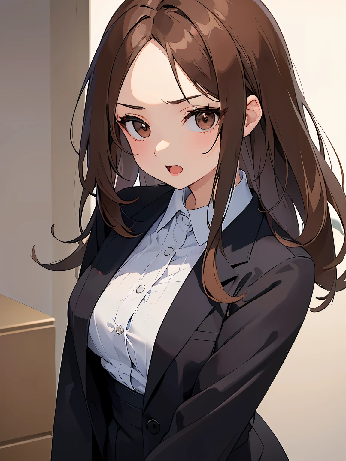 masterpiece、top-quality、 forehead, A 25-year-old woman with medium long hair and brown eyes with bright chestnut bangs.、wearing a gray suit、wearing gray pants、Serious look、open mouth, is standing、The background is office、Bold composition、Upper body is shown、Alone、Close-up of your face