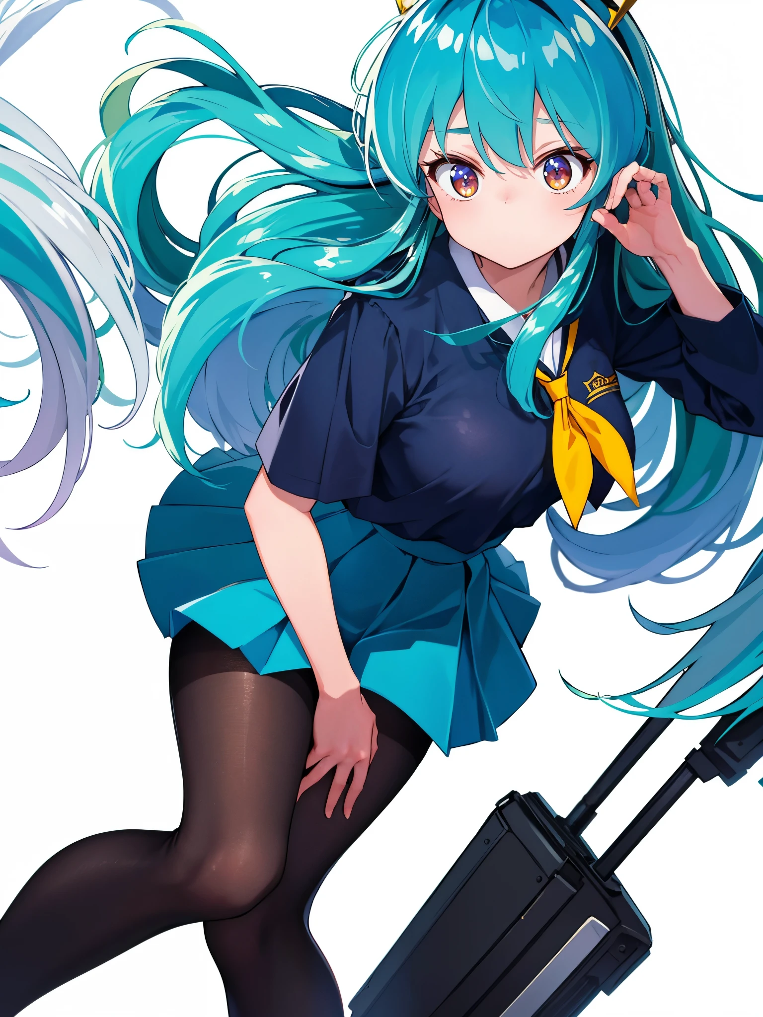 (1girl in),(high quality), (hight resolution), (Highly detailed), (in 8K),(lower body shot),Ram from Urusei Yatsura is wearing a transparent school uniform and a navy pleated skirt.),(Wearing black pantyhose)No shoes,perfect writing,(Beautifully erect nipple shape:1.1),hight resolutionの美しい目,(Neutral white lighting:1.2),simple background,