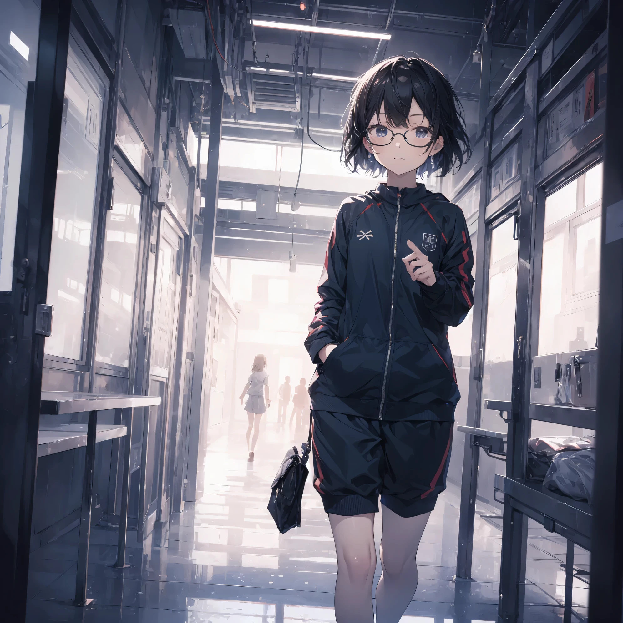 Super high quality by the art god, Ultra-detailed, high resolution, Gwise Style, anime moe art style, Best Anime 8K Konachan Wallpapers, Pixiv Contest Winner, perfect anatomy,break,(Please draw a picture of a girl walking alone in the school building..),break, surreal high school girl, (solo,Loli,,13 ye,Full limbs, complete fingers,a junior high schooraction, ((Wearing glasses)), messy hair, flat and soft chest, Small butt, groin, Small eyes,Beautiful detailed black eyes, Well-proportioned iris and pupils, High resolution detailed hair, ((Joggers)),In the school,break,Ultra-detailed細なスキン,Best lighting by famous artists, 8K,illustration.