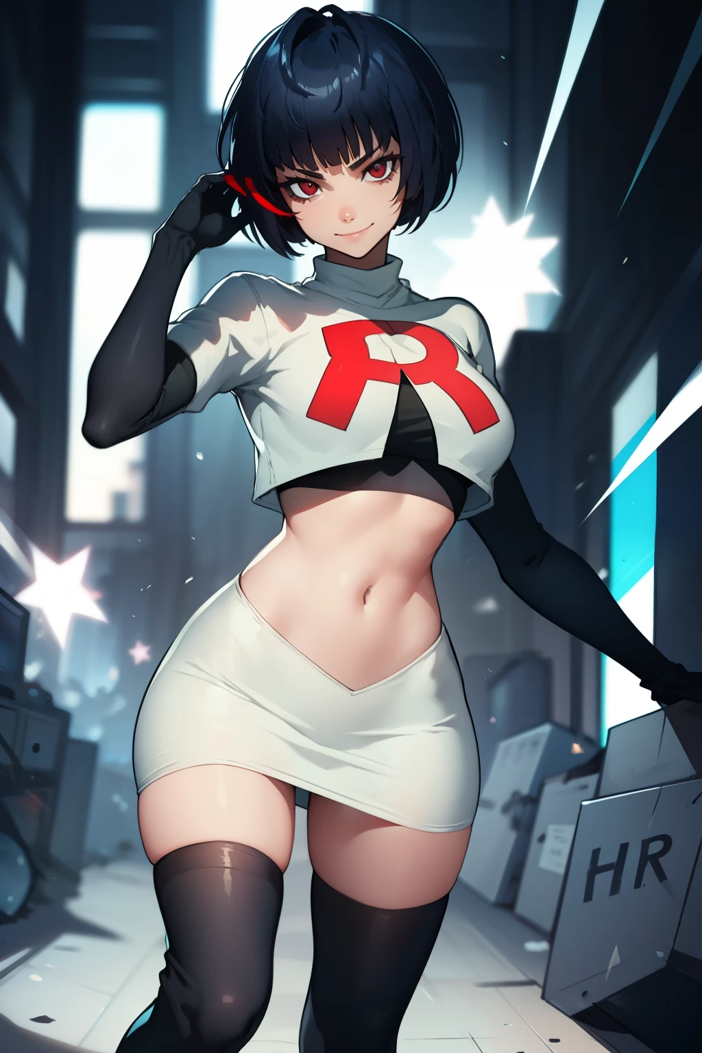 Tae Takemi,rocket,team rocket uniform, red letter R, white skirt,white crop top,black thigh-high boots,black elbow gloves, evil smile, look at viewer, sexy poses