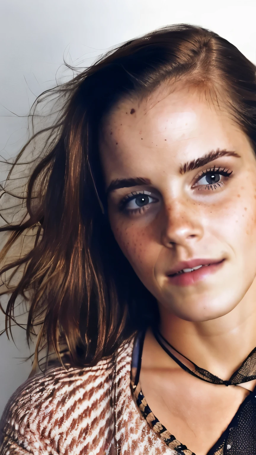 Photo of Emma Watson hot face, long wet hair  freckles face, she is smoking, sexy 