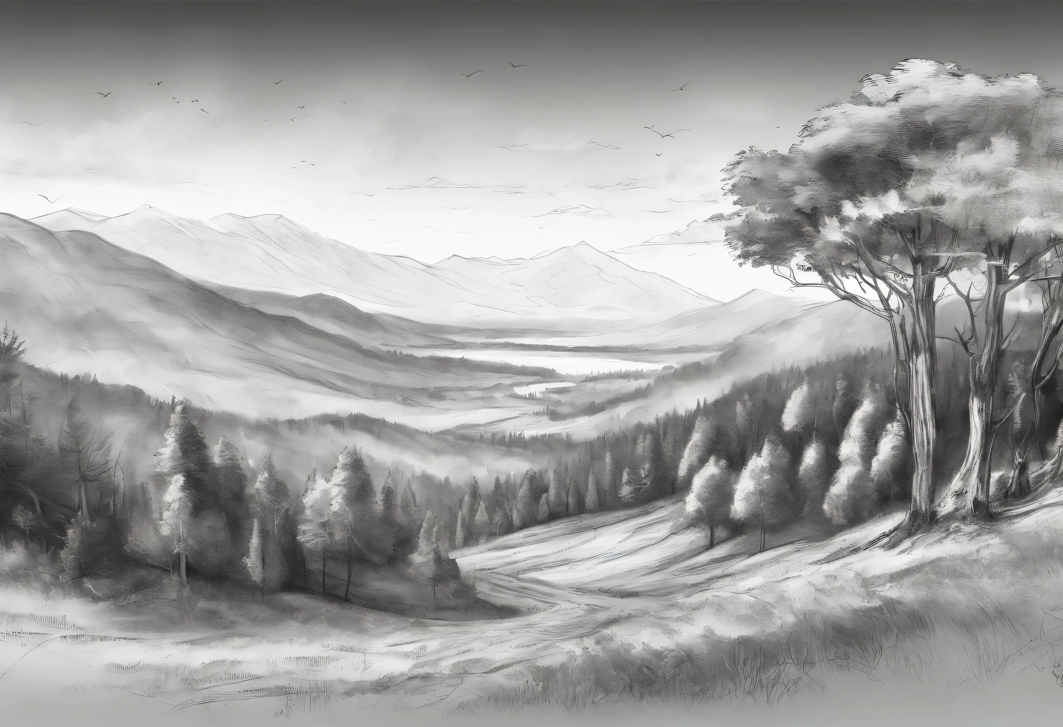 charcoal drawing, landscape with hills and deciduous forests