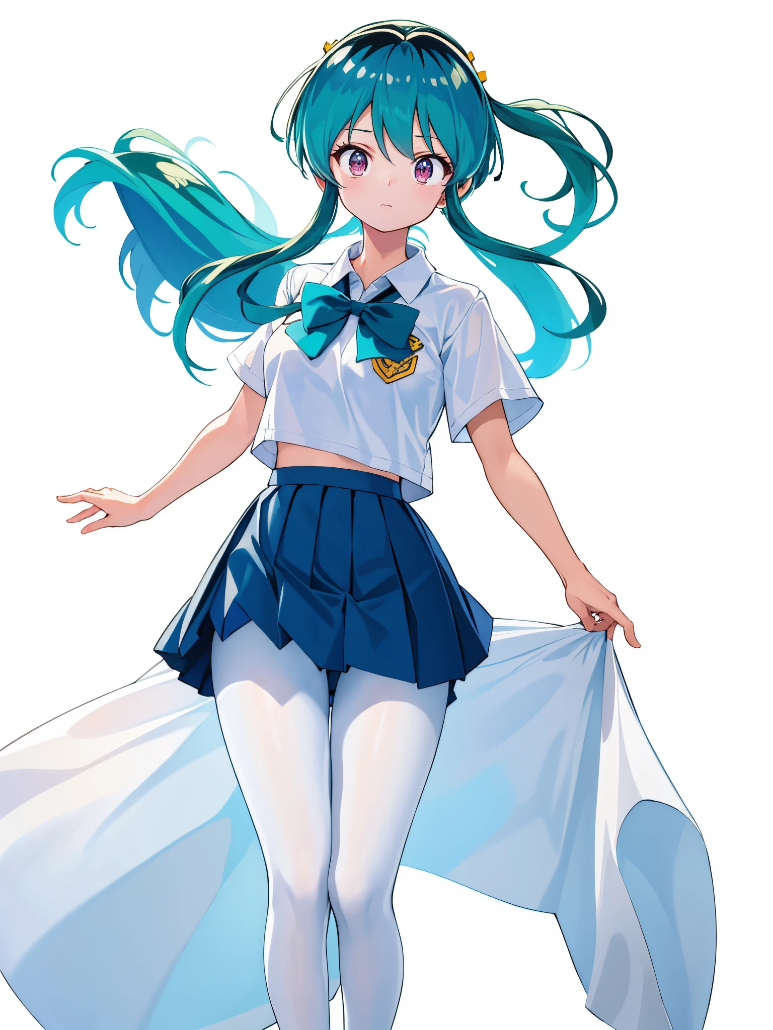 (1girl in),(high quality), (hight resolution), (Highly detailed), (in 8K),(lower body shot),Ram from Urusei Yatsura is wearing a transparent school uniform and a navy pleated skirt.),(Wearing black pantyhose)No shoes,perfect writing,(Beautifully erect nipple shape:1.1),hight resolutionの美しい目,(Neutral white lighting:1.2),simple background,