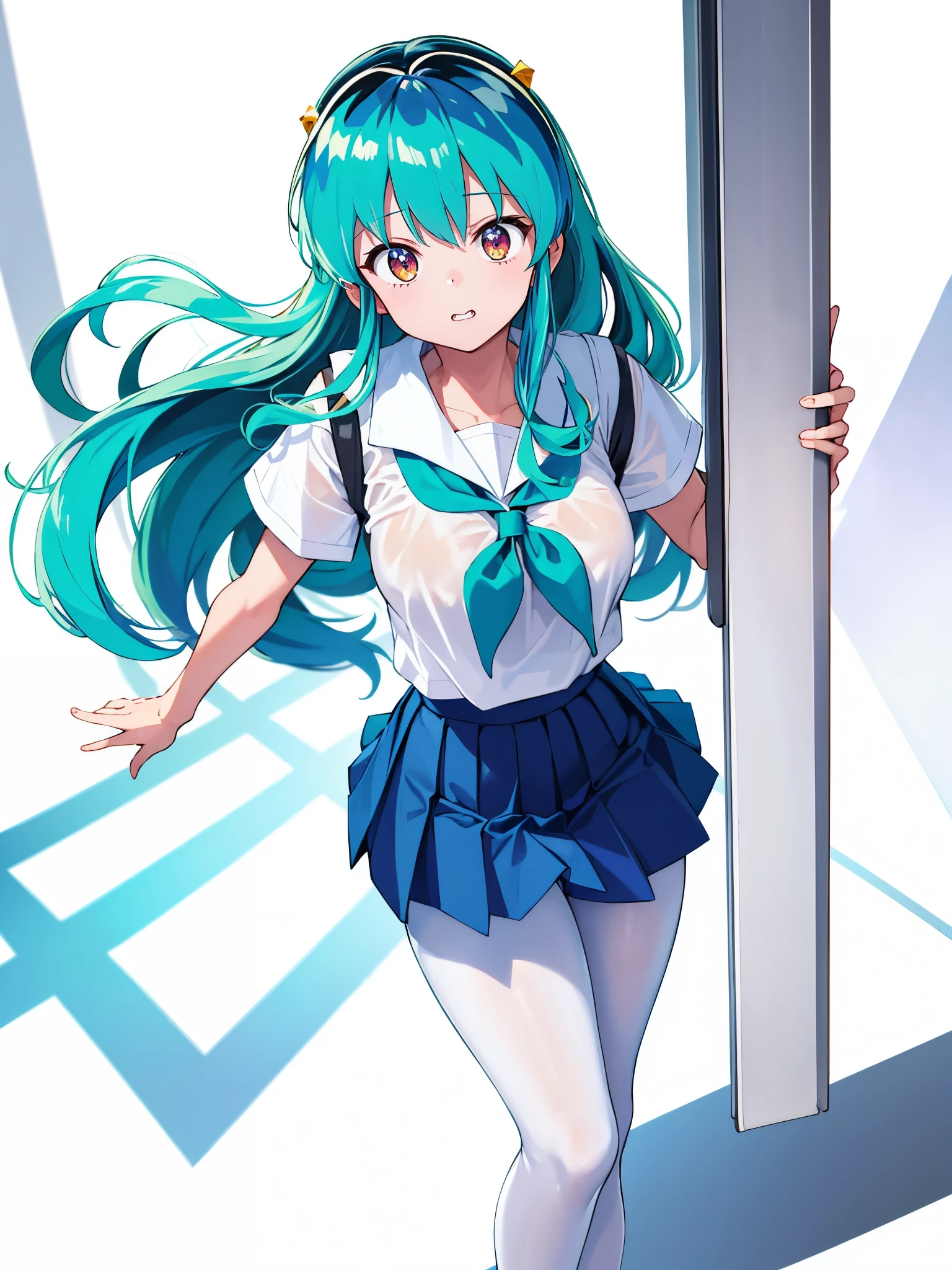 (1girl in),(high quality), (hight resolution), (Highly detailed), (in 8K),(lower body shot),Ram from Urusei Yatsura is wearing a transparent school uniform and a navy pleated skirt.),(Wearing black pantyhose)No shoes,perfect writing,(Beautifully erect nipple shape:1.1),hight resolutionの美しい目,(Neutral white lighting:1.2),simple background,