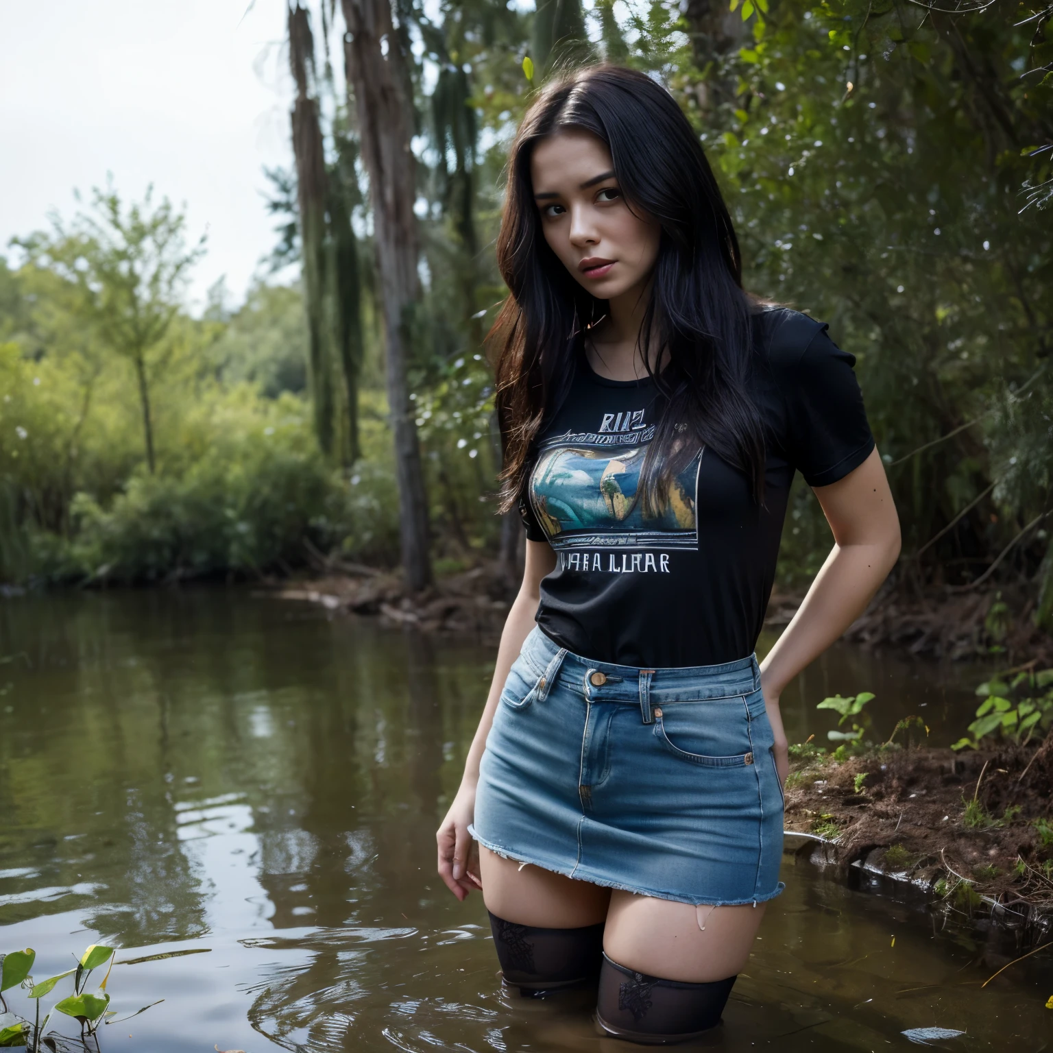 "(best quality,a high resolution:1.2),A woman withered and withered,elongated, sharp face,gray eyes,Pronounced wrinkles,square haircut,Short denim skirt,T-shirt,dark lace stockings with garters, standing, ( drowning in a swamp:1.2),long eyelashes,expression of despair,Dark and moody lighting, horror. The pose expresses panic and awkwardness. Inevitable retribution for breaking a taboo, Destroyed quarry"