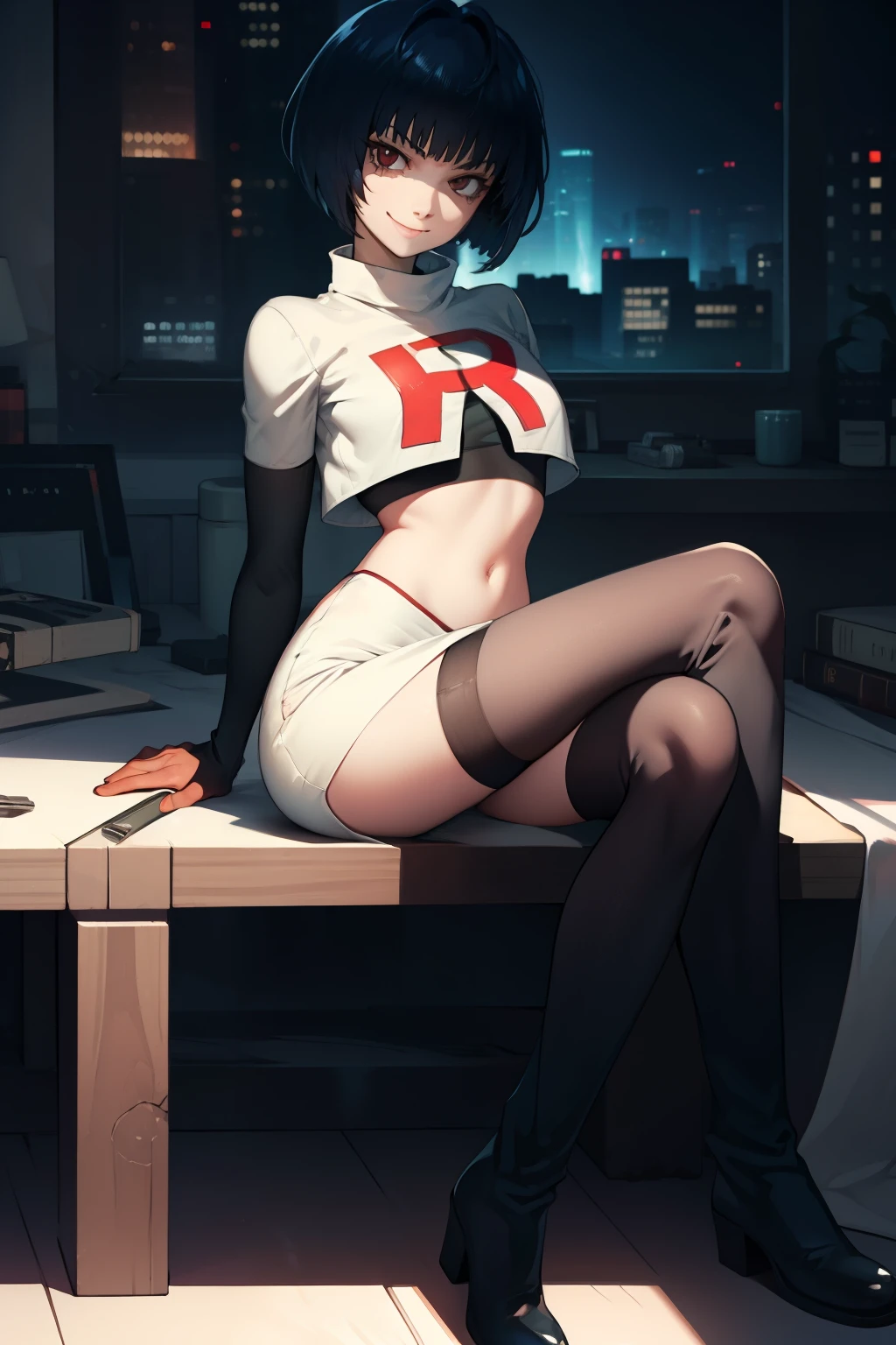 Tae Takemi,rocket,team rocket uniform, red letter R, white skirt,white crop top,black thigh-high boots,black elbow gloves, evil smile, look at viewer, sitting down legs crossed