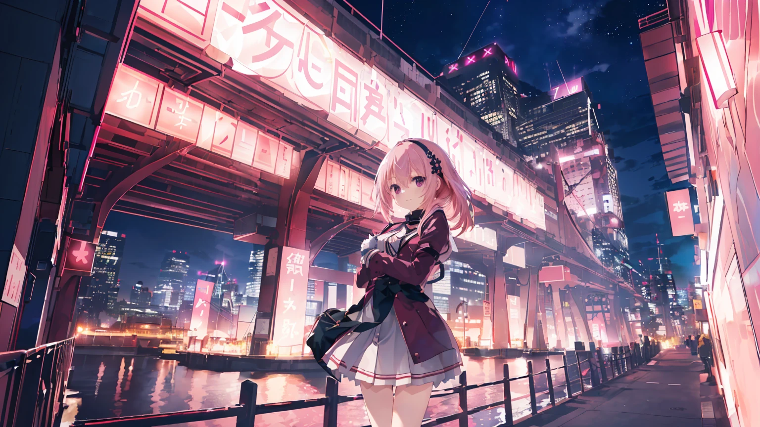 a girl,solo,The city at night,is shy,Be red in the face,civvies,medium,gentleness,ssmile,((With bare armlack glove,Place your hands behind your back,In the bedroom,night city background,Mitsukasa Ayase,Long straight pink hair,No hair accessories,7 figures,M-shaped legs