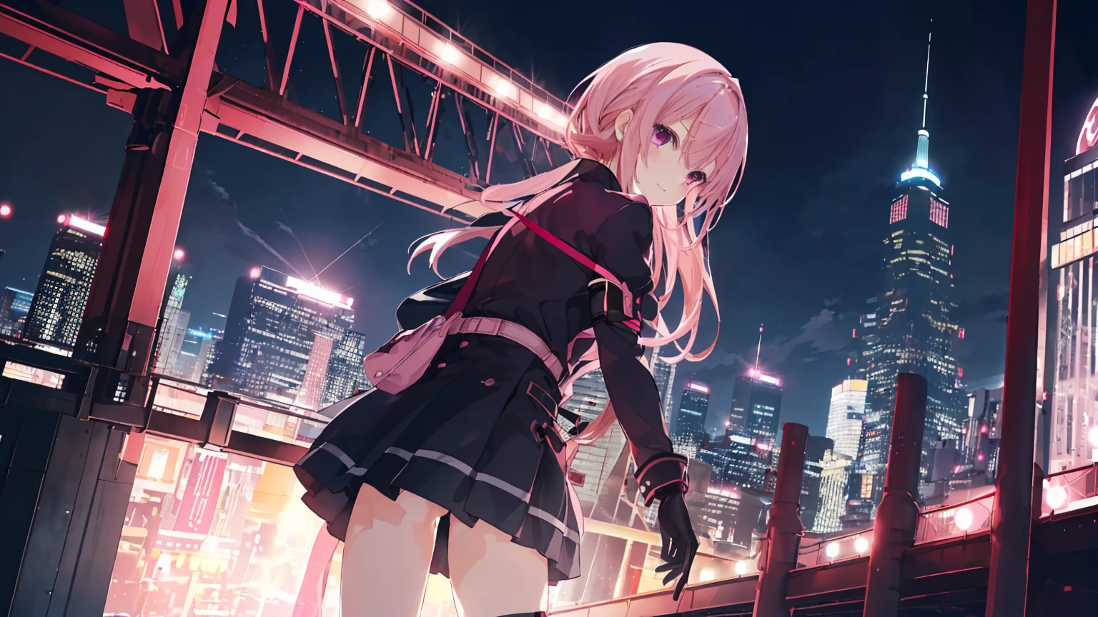 a girl，solo,The city at night，is shy，Be red in the face，civvies，medium，gentleness，ssmile，((With bare armlack glove，Place your hands behind your back，In the bedroom，night city background，Mitsukasa Ayase，Long straight pink hair，No hair accessories，7 figures，M-shaped legs