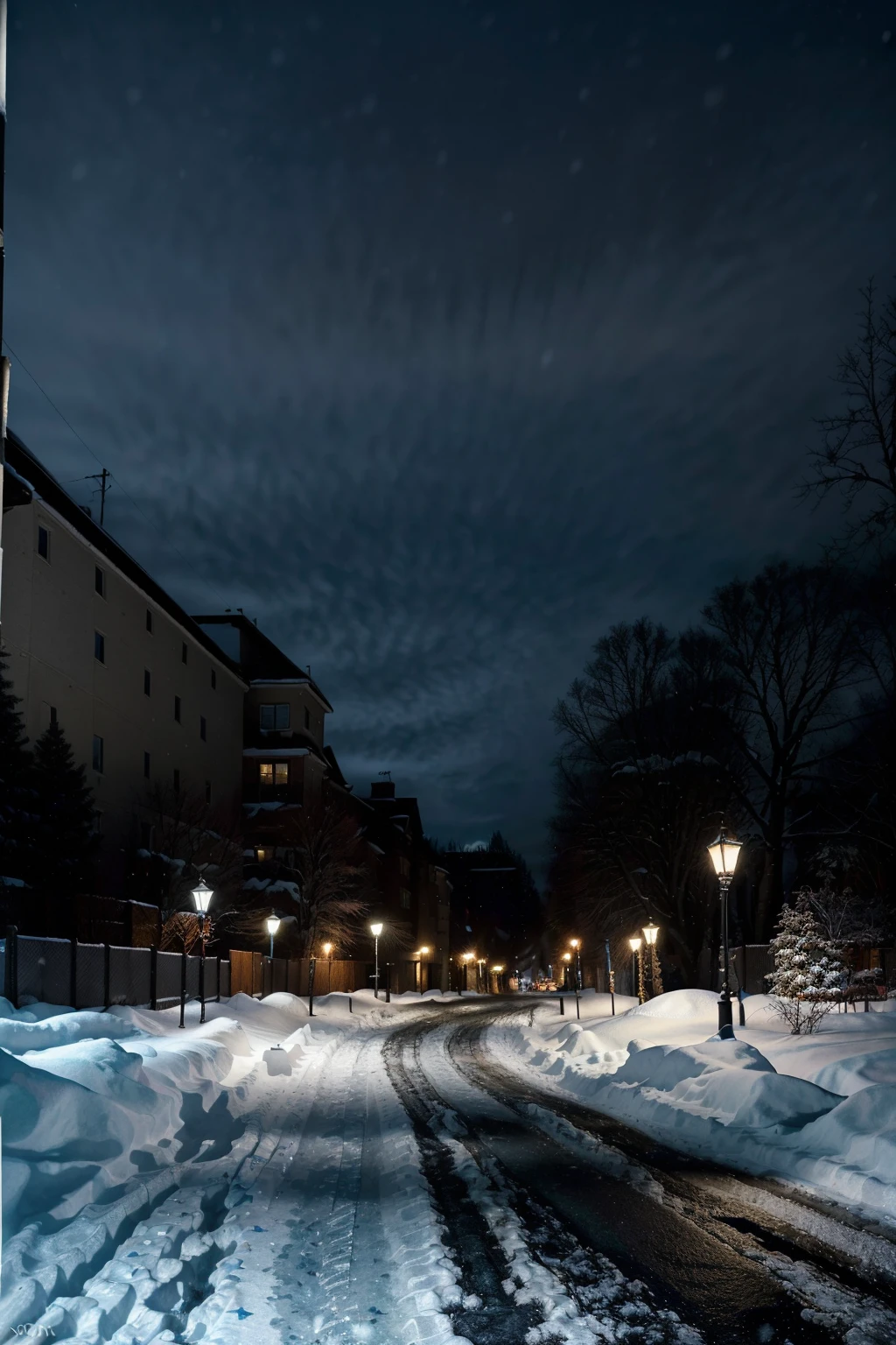 A city covered in snow, portraying a picture with a fairly realistic touch. The scene captures road in the midst of a quiet city snowfall.
Tags: city covered in snow, road, picture, fairly realistic, quiet city, snowy, winter, tranquil
Image Quality: (best quality,4k,8k,highres,masterpiece:1.2), ultra-detailed, (realistic,photorealistic,photo-realistic:1.37), HDR, UHD, night lighting, extreme detail description, professional
Art Style: landscapes, winter scenery, snowy landscapes, cityscape, realistic painting
Colors and Tones: cool tones, icy blues and grays, contrasting warm streetlights, melancholic
Lighting: soft, diffused lighting from streetlights, casting warm glows onto the snowy landscape