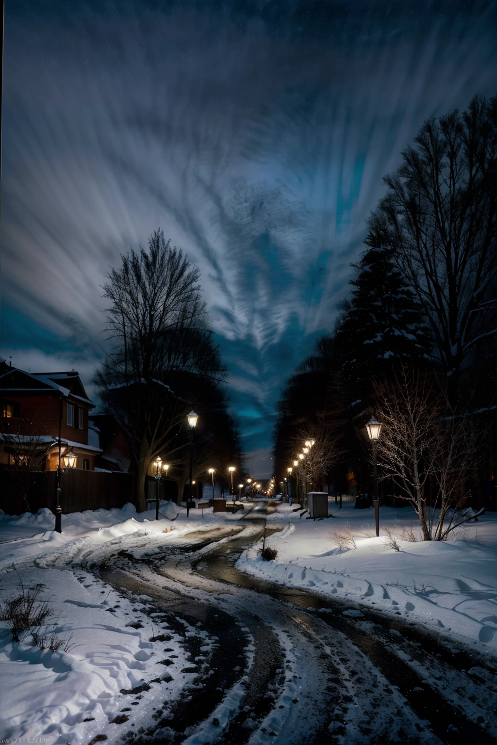 A city covered in snow, portraying a picture with a fairly realistic touch. The scene captures road in the midst of a quiet city snowfall.
Tags: city covered in snow, road, picture, fairly realistic, quiet city, snowy, winter, tranquil
Image Quality: (best quality,4k,8k,highres,masterpiece:1.2), ultra-detailed, (realistic,photorealistic,photo-realistic:1.37), HDR, UHD, night lighting, extreme detail description, professional
Art Style: landscapes, winter scenery, snowy landscapes, cityscape, realistic painting
Colors and Tones: cool tones, icy blues and grays, contrasting warm streetlights, melancholic
Lighting: soft, diffused lighting from streetlights, casting warm glows onto the snowy landscape