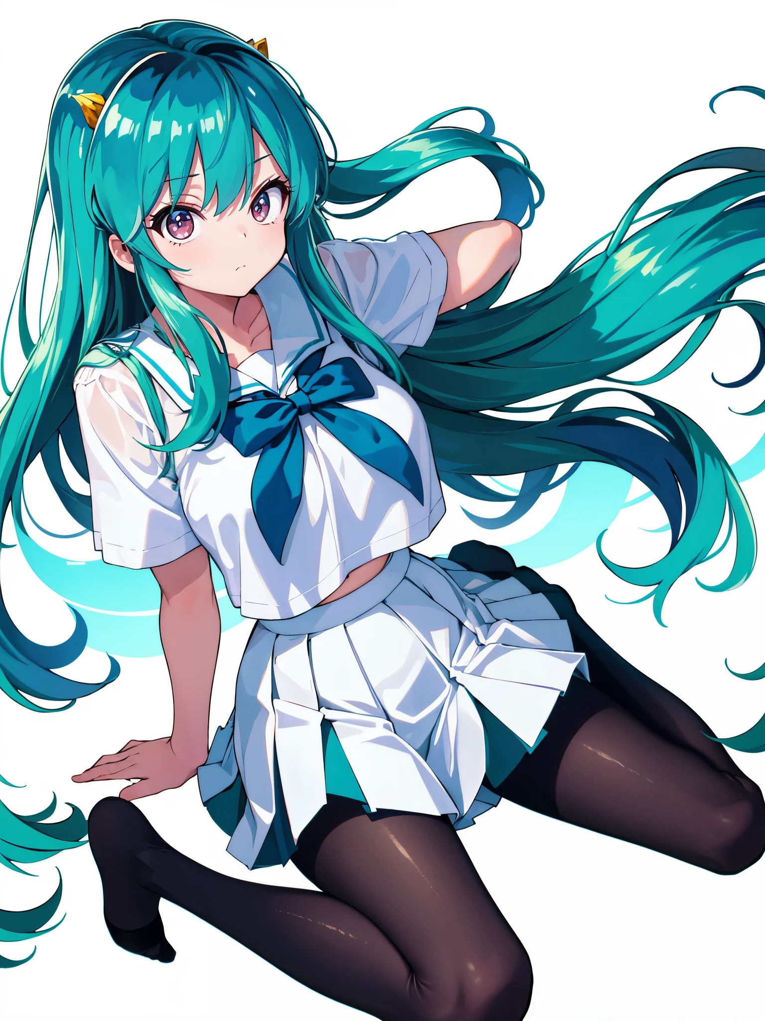 (1girl in),(high quality), (hight resolution), (Highly detailed), (in 8K),(lower body shot),Ram from Urusei Yatsura is wearing a transparent school uniform and a navy pleated skirt.),(Wearing black pantyhose)No shoes,perfect writing,(Beautifully erect nipple shape:1.1),hight resolutionの美しい目,(Neutral white lighting:1.2),simple background,sitting with  spreading legs
