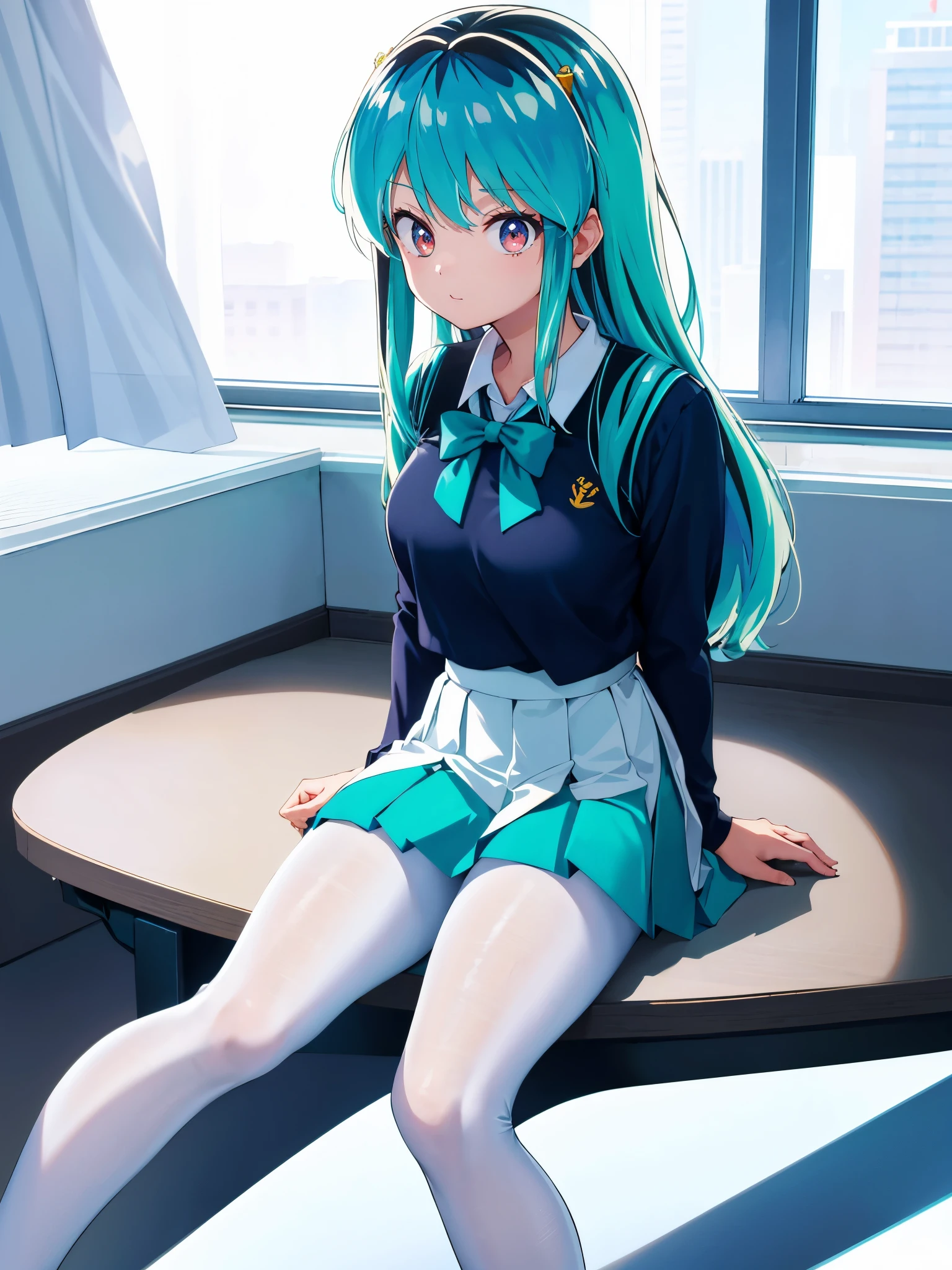 (1girl in),(high quality), (hight resolution), (Highly detailed), (in 8K),(lower body shot),Ram from Urusei Yatsura is wearing a transparent school uniform and a navy pleated skirt.),(Wearing black pantyhose)No shoes,perfect writing,(Beautifully erect nipple shape:1.1),hight resolutionの美しい目,(Neutral white lighting:1.2),simple background,sitting with spreading legs