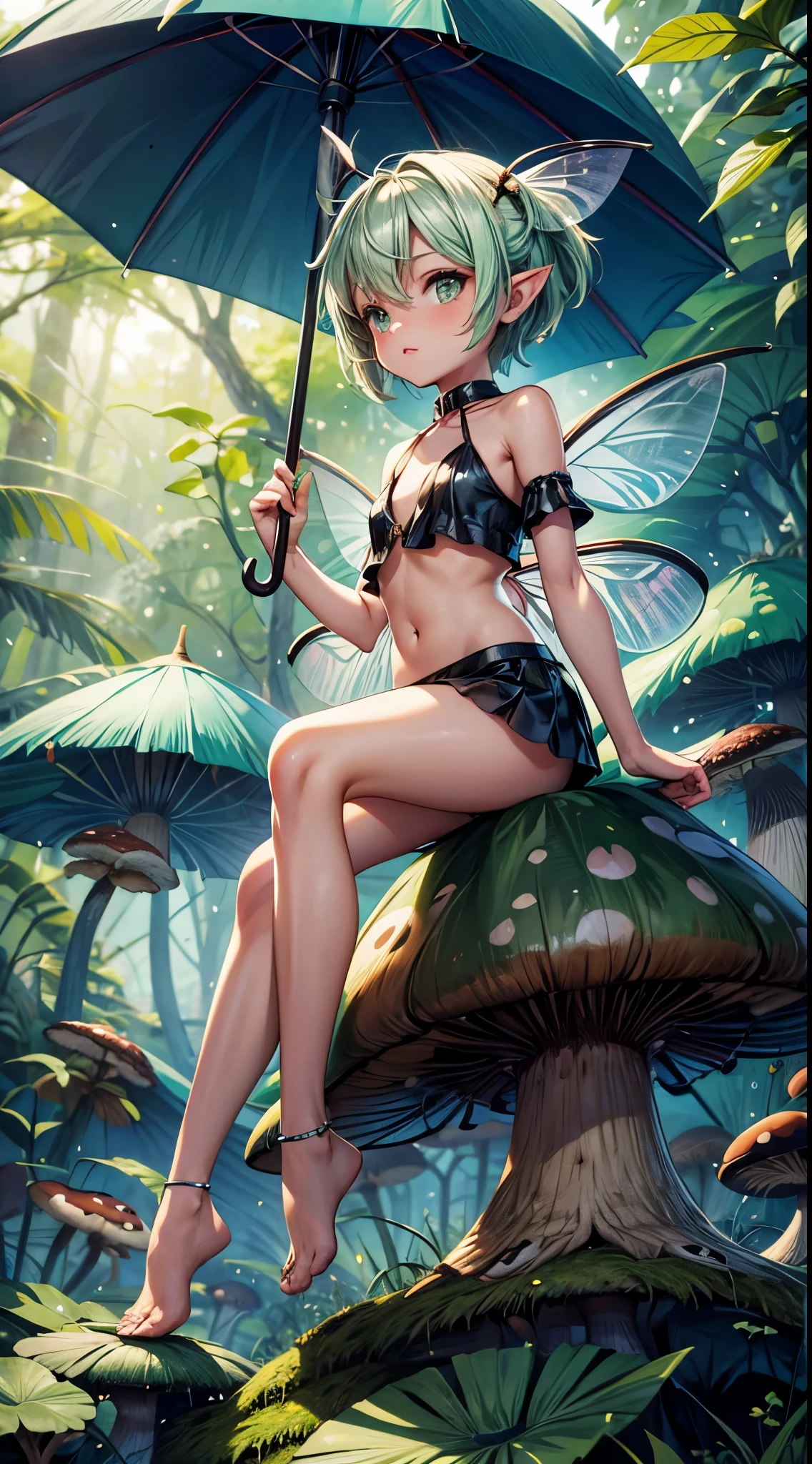 Tiny Pixie with ((Insect wings)) that looks Verry Cute, sitting on Mushroom ,green under clothes, bare midriff, Holding Big Leave as Umbrella