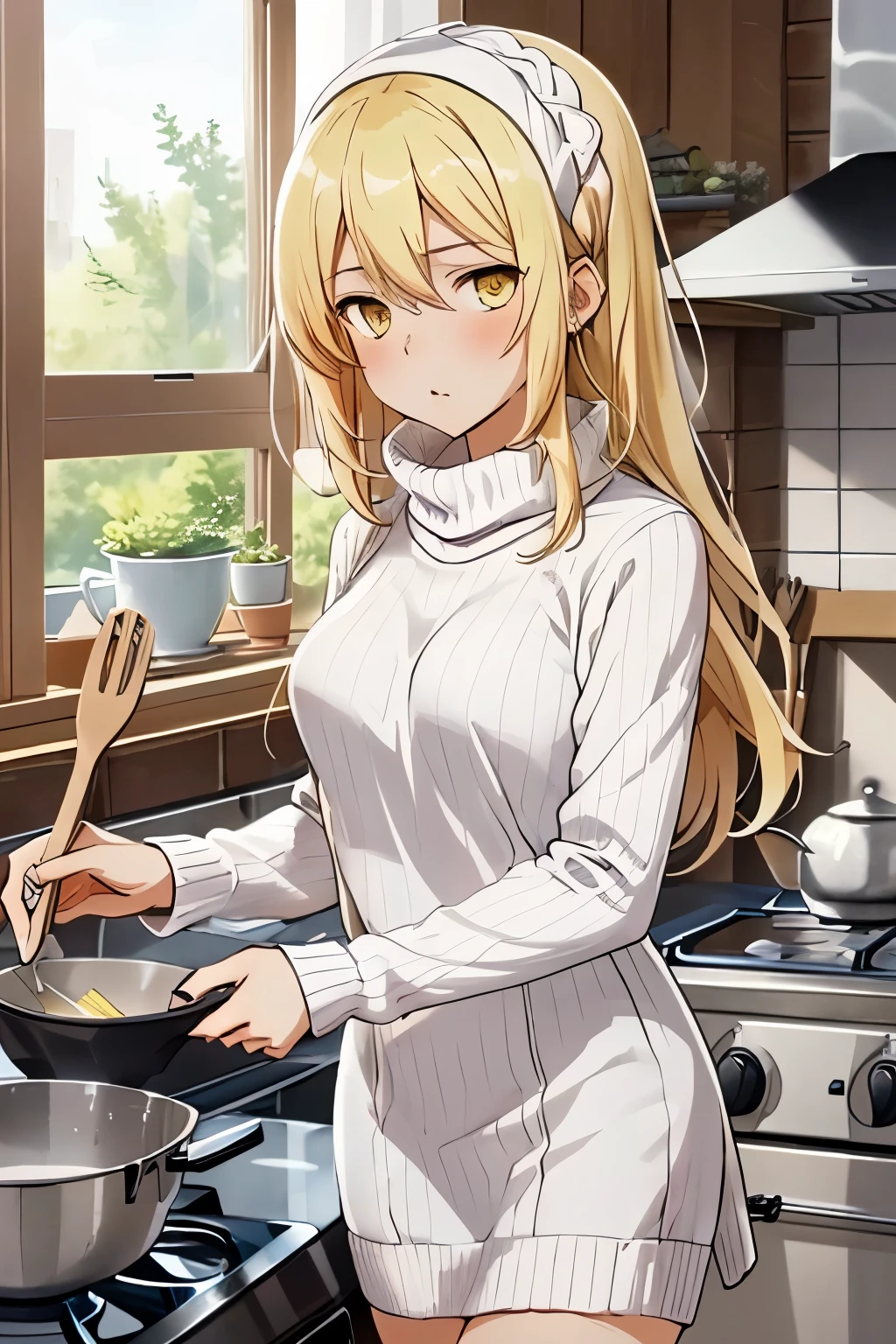 masuter piece, best quality, 超A high resolution, top-quality, Anime style, The best lighting, pretty face, iced, 1girl in, solo, blonde hair, Long hair, Straight hair, thighs, Yellow eyes, (white knit dress:1.3), kitchin, (Cooking:1.3), sleepy eyes, sleepy