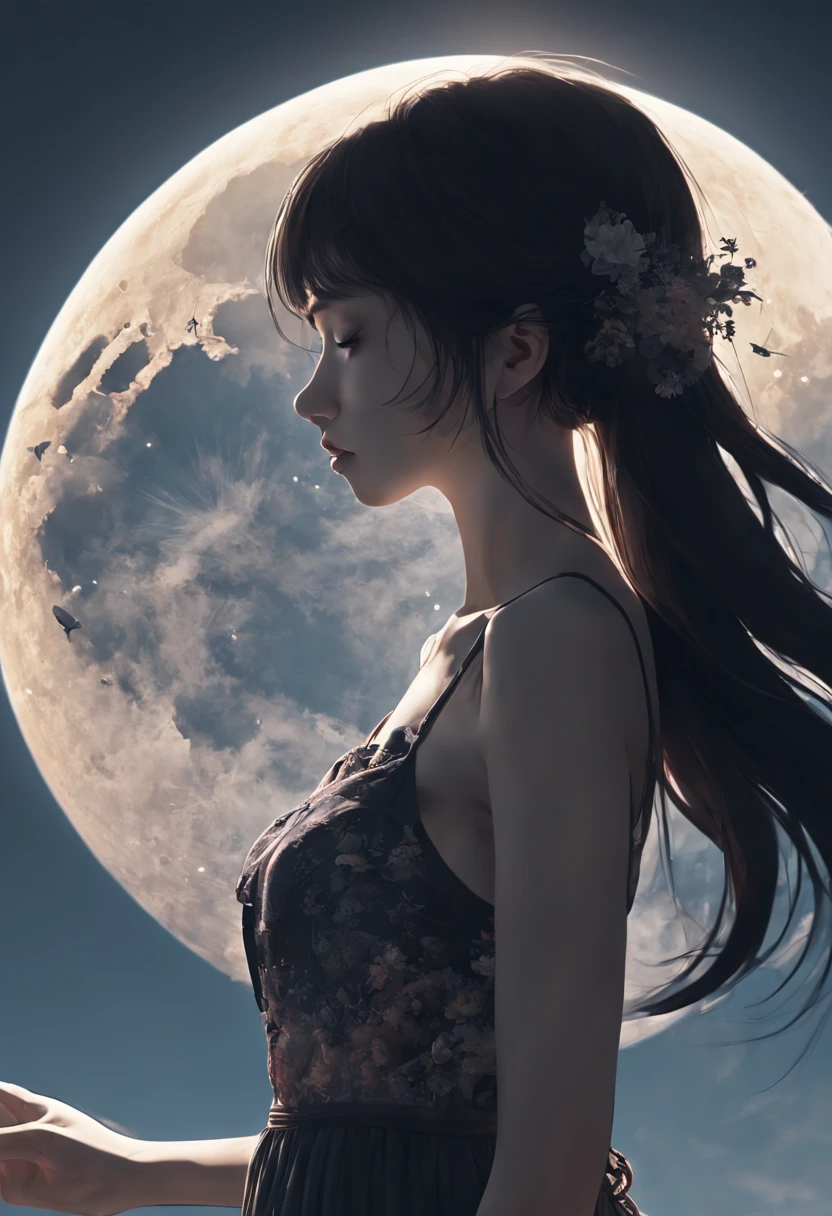 Silhouette Art of 1girl, multiple exposure, Picking the Moon, enhance, intricate, (best quality, masterpiece, Representative work, official art, Professional, unity 8k wallpaper:1.3)